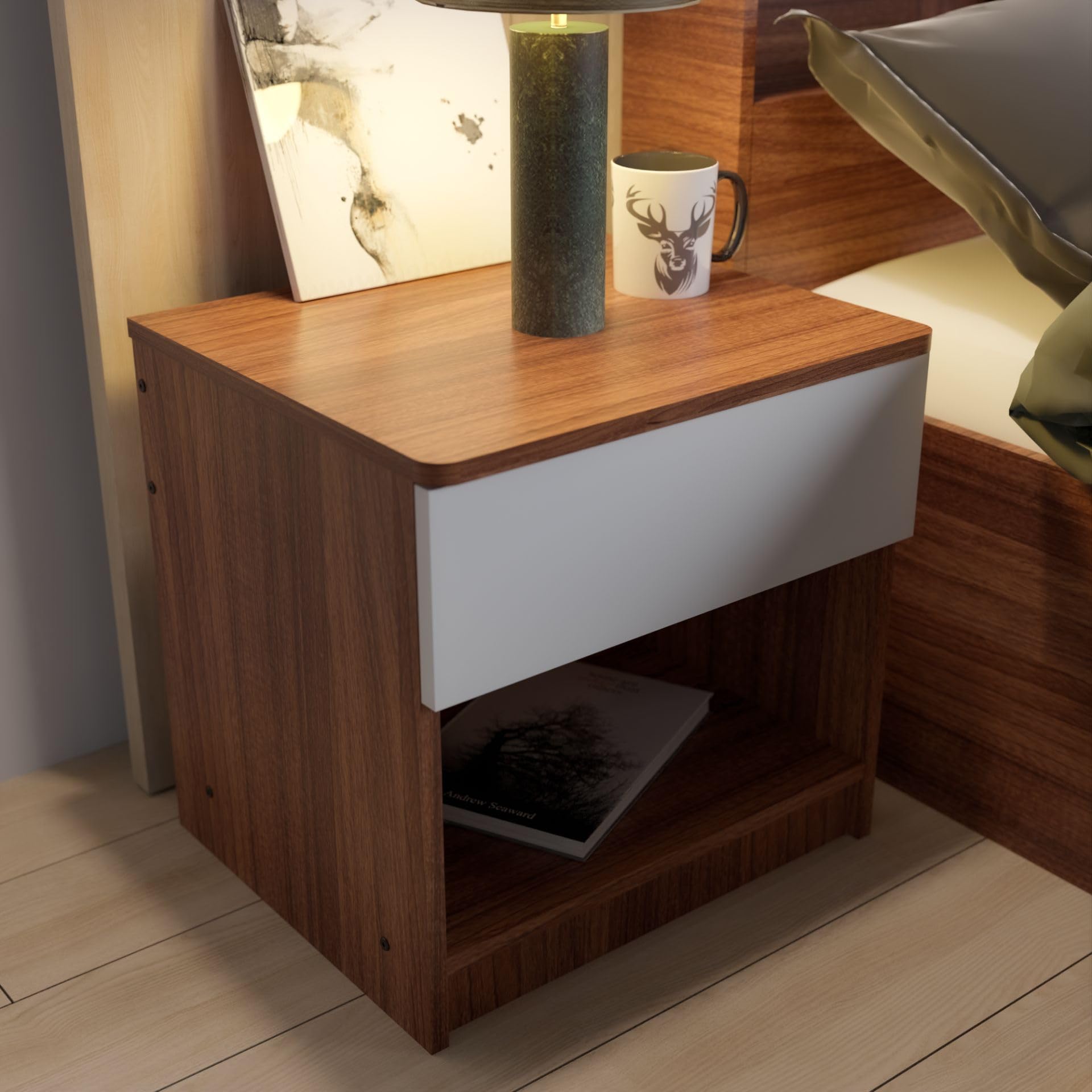 NEUDOT CALTON BST | Engineered Wood | Bedside End Table with 1 Drawer Storage | Night Stand for Bedroom Living Room Home | Premium Craftmanship | Leon Teak Finish | DIY(Do-It-Yourself)