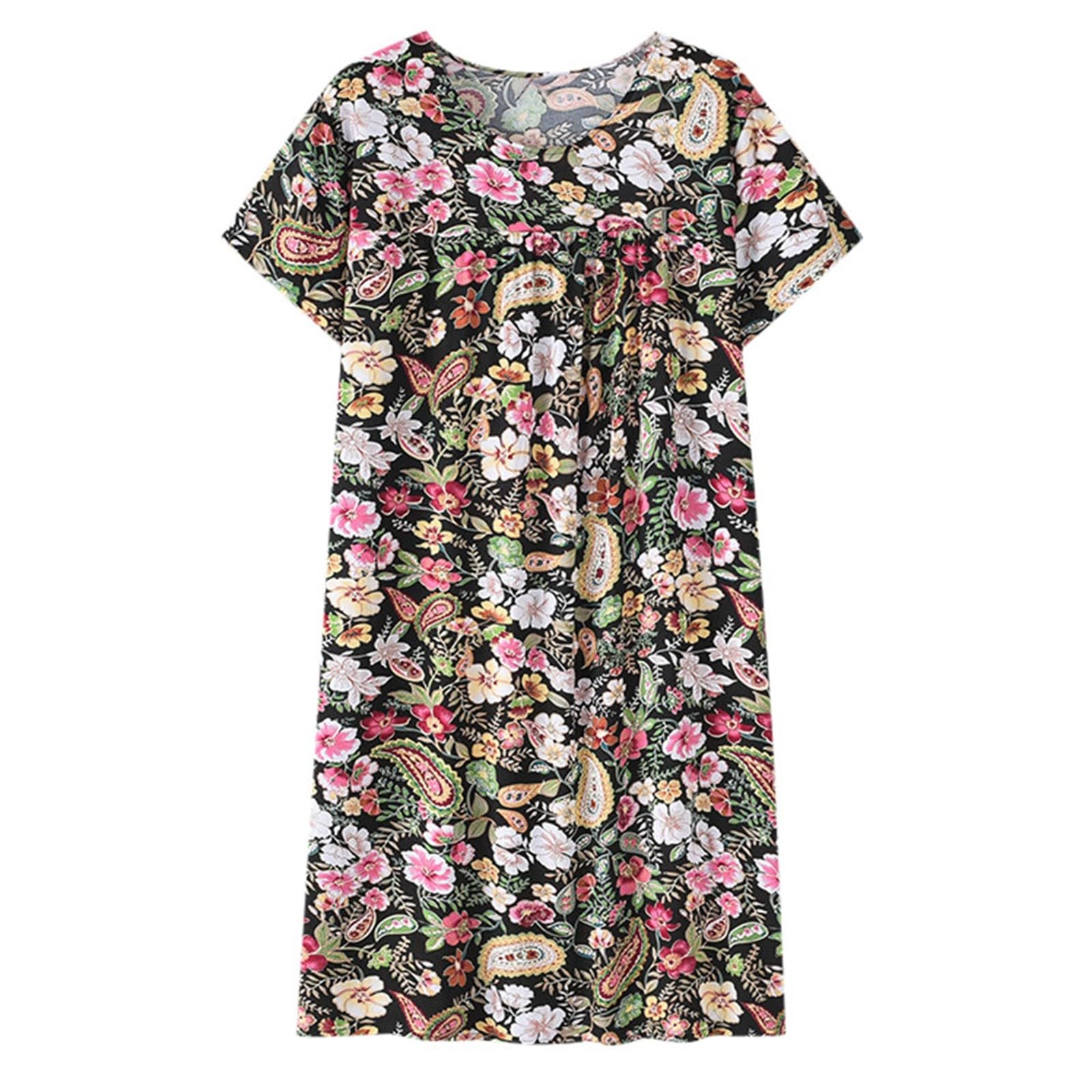 Camisón señora Mayor Algodón Vestidos Casual Tallas Grandes Flexibles Camisones Mujer Manga Corta Pijamas Entretiempo Estampados Sleepshirt De Corte Clásico Batas De Casa Mujer