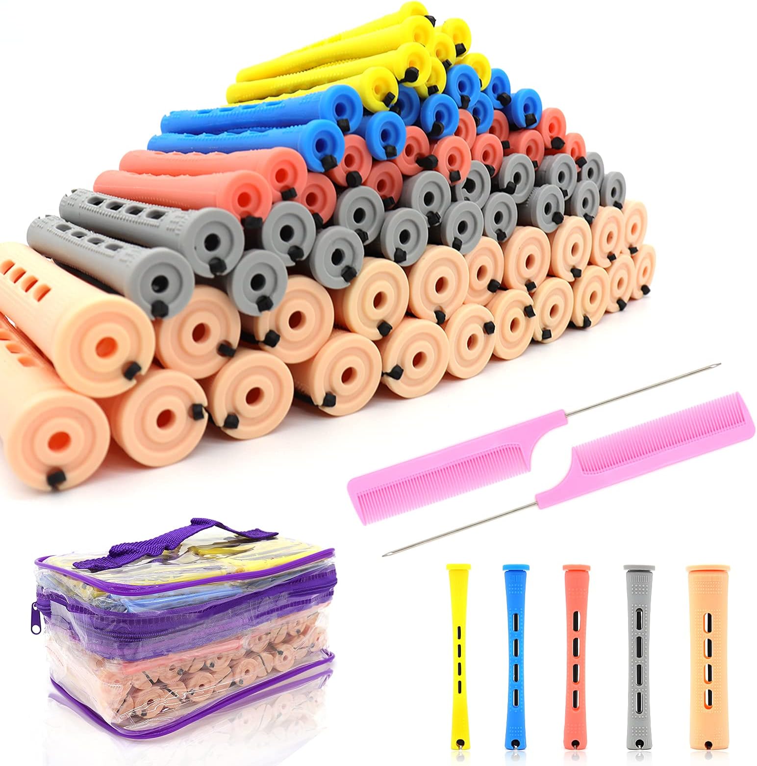 100Pcs Hair Perm Rods Set, 5 Sizes Plastic Hair Cold Wave Rods, Heatless Perming Rods Hair Curlers Rollers with Pintail Comb for Long Short Straight Curly Natural Hair DIY Hairdressing Styling Tools