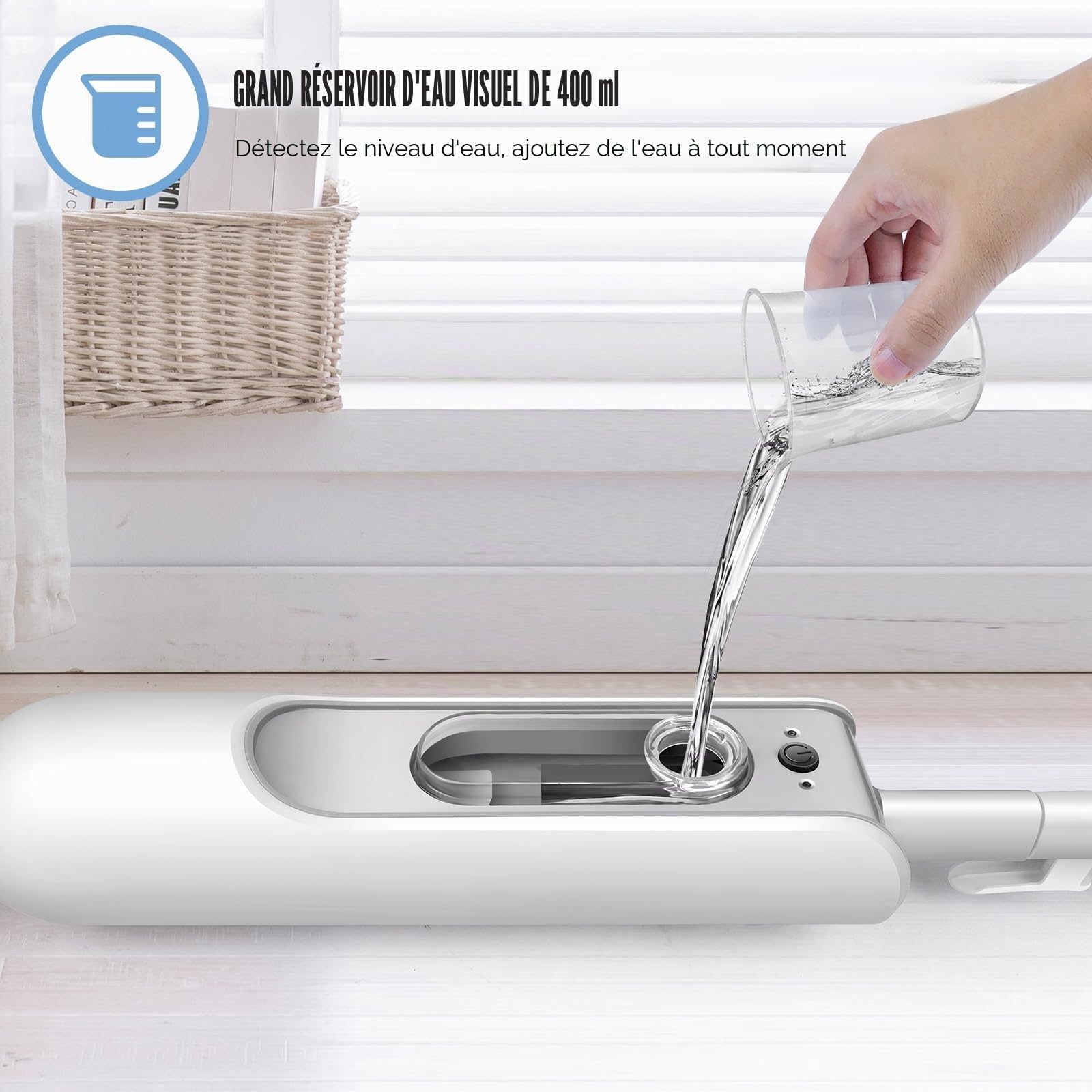 Nettoyeur vapeur manuel 1500 W à 2 vitesses avec 2 chiffons de nettoyage pour tous les sols, bancs, salle de bain et tapis, avec réservoir d'eau de 400 ml et câble de 4,8 m