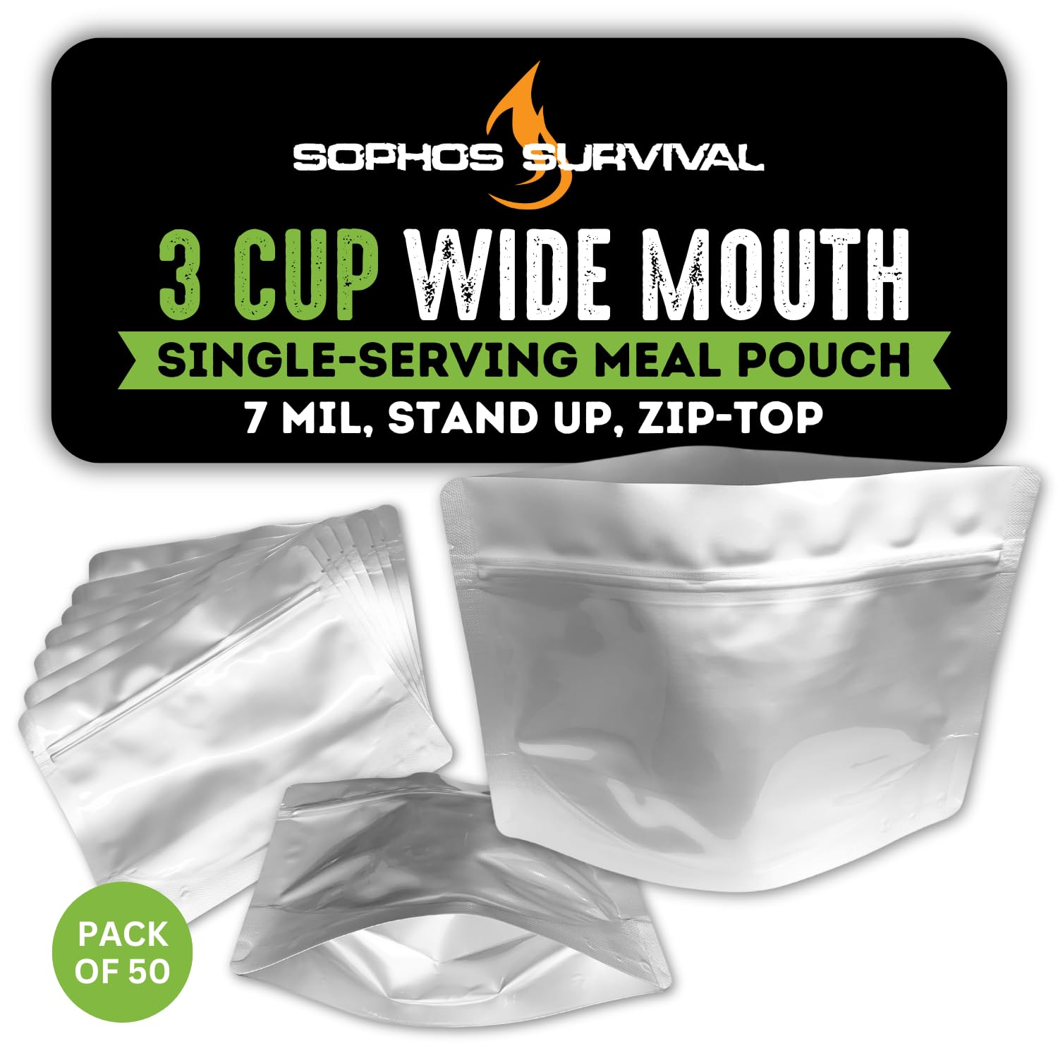 50 Mylar Bags for Food Storage, Airtight 7-Mil Thick Gusseted Zip Lock, Long Term, Reusable, Emergency Food Supply & Freeze Dryer Bags - 3 Cups