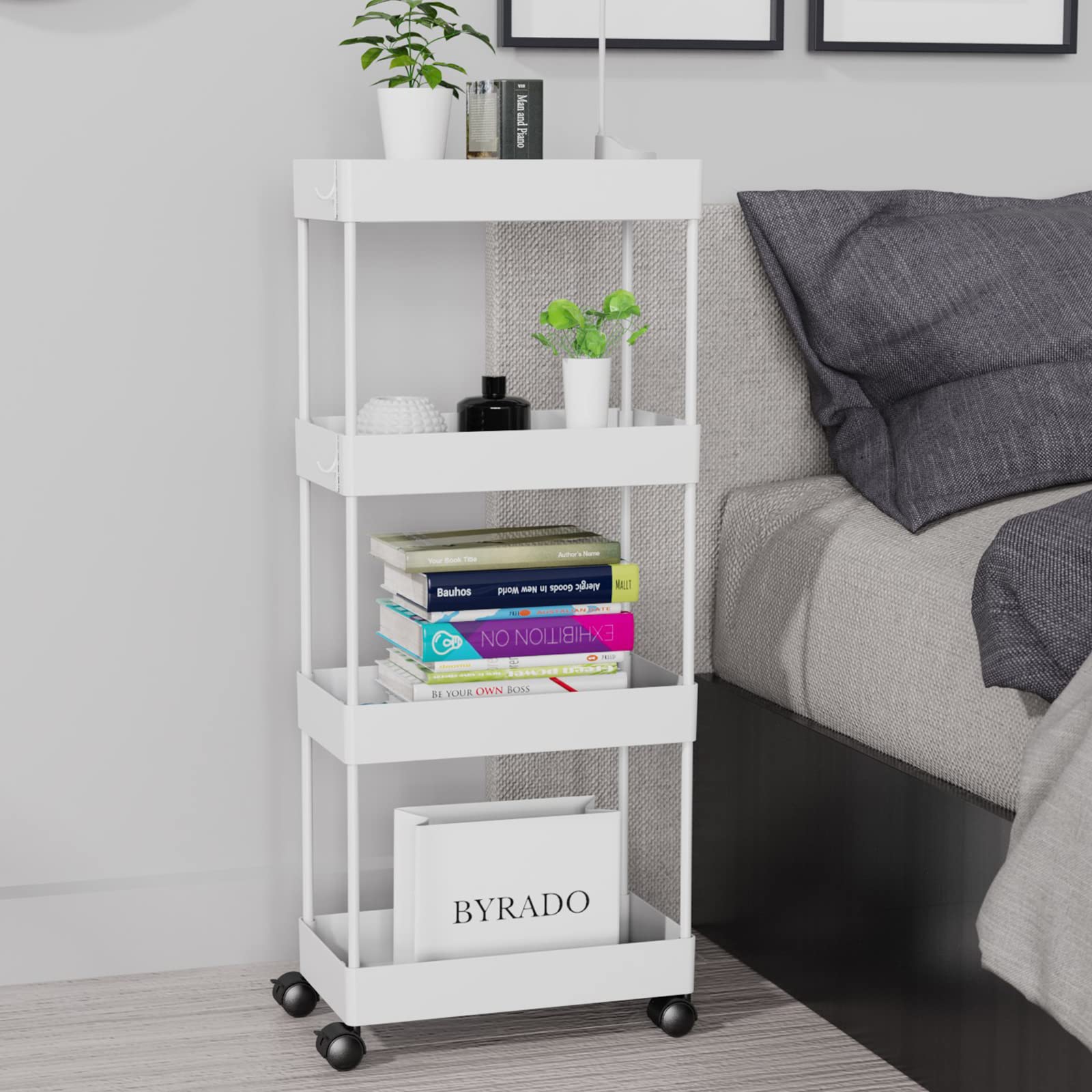 Cucn Slim Storage Cart, 4 Tier Bathroom Storage Cart with Wheels Slide