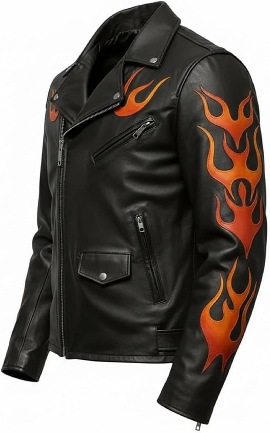 Mens Gothic Flame Skull Biker Jacket - Motorcycle Fire Graphic Heavy Metal Punk Rock Genuine Leather Jacket