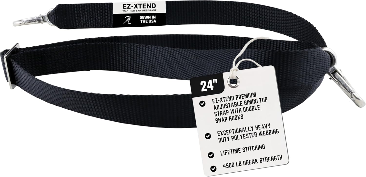 EZ-Xtend Premium Pontoon Boat Accessories Adjustable Bimini Top Strap with Double Snap Hook Stainless Steel Boat Bimini Top Hardware, Pontoon Canopy Replacement Straps (Package of 1, Black 36")