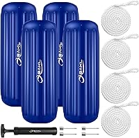 OBAKL Boat Fenders 4 Pack 10x28 Inch Ribbed Center Hole Bumpers with Ropes & Pump - Durable Docking Protection
