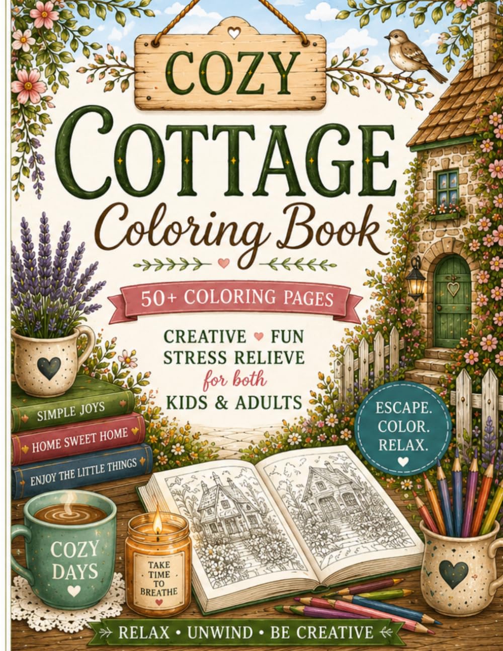 The Cozy Cottage Coloring Book: 50 Relaxing Cottagecore Scenes — Mushrooms, Tea, Candles & More