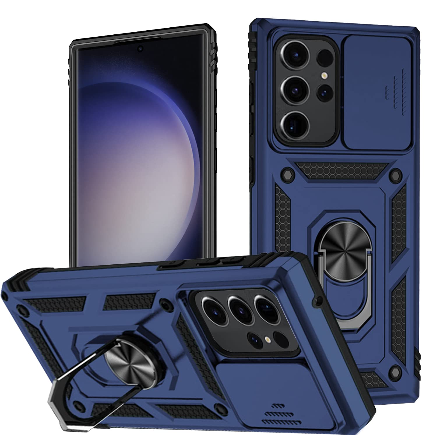 T Tersely for Samsung Galaxy S23 Ultra Case, Military Shockproof Anti-Fall Drop Protection Built-in Slide Anti-Scratch Camera Lens Cover Integrated 360 Degree Rotating Ring Kickstand, 6.8 Inch,Blue