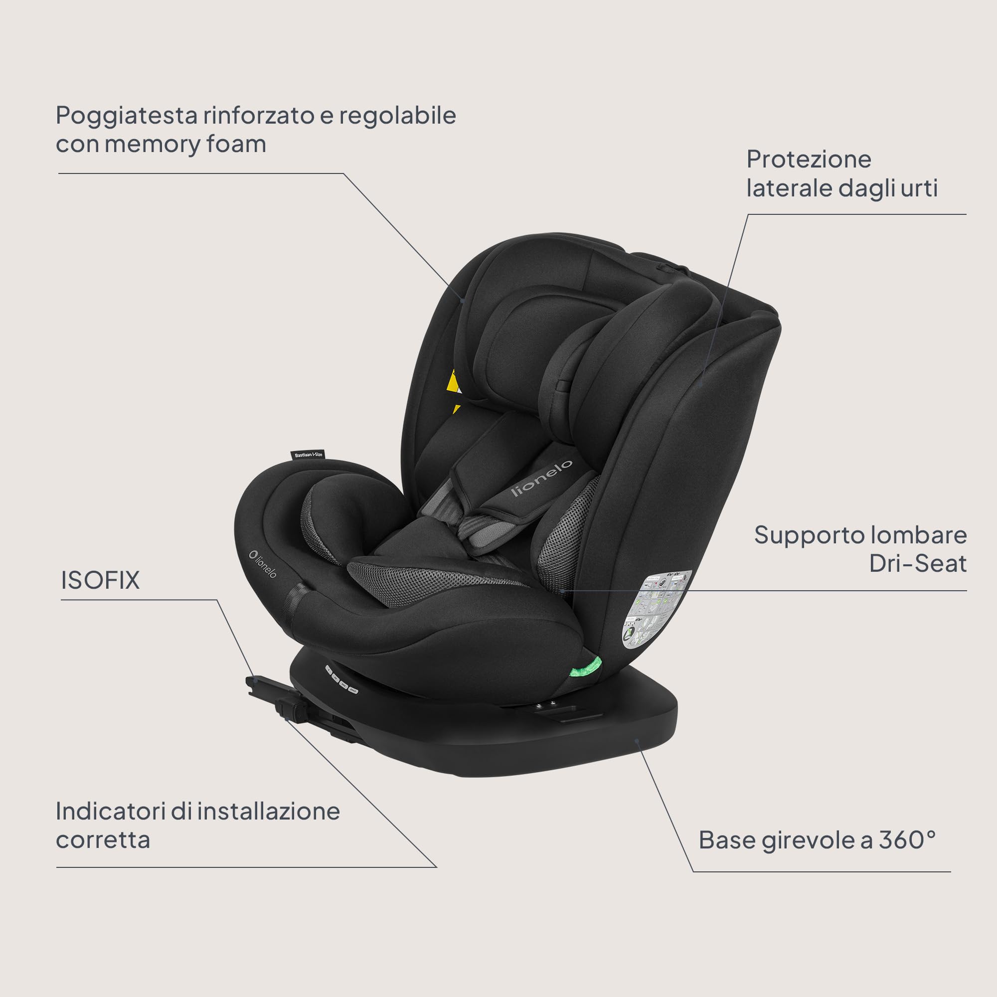 Lionelo Bastiaan i-Size Seggiolino Auto Evolutivo 4-in-1 per bambini 0-12 Anni (40-150 cm) ISOFIX e l'ultima Norma R129 Opzione Rivolto All'indietro, 21 Regolazioni, Girevole 360° Protezione Laterale