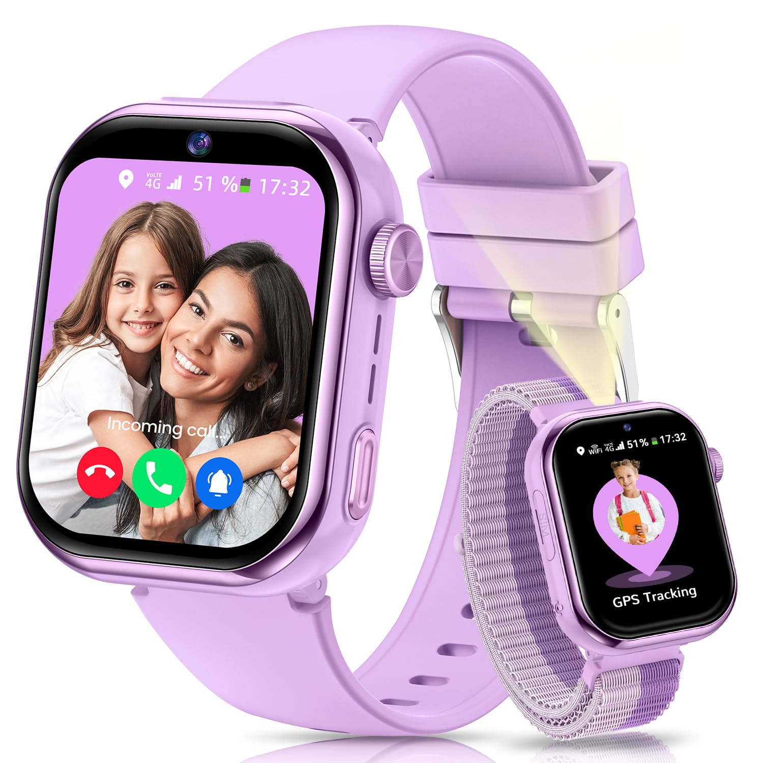 4G Reloj Inteligente Niña, 1.83'' HD Smartwatch Niñas con GPS y Llamadas, Videollamadas, Chat de Voz, Modo Escuela, Doble CÔmara, Monitor de Sueño, Podómetro, Despertador IP68 para Niñas Niños Púrpura