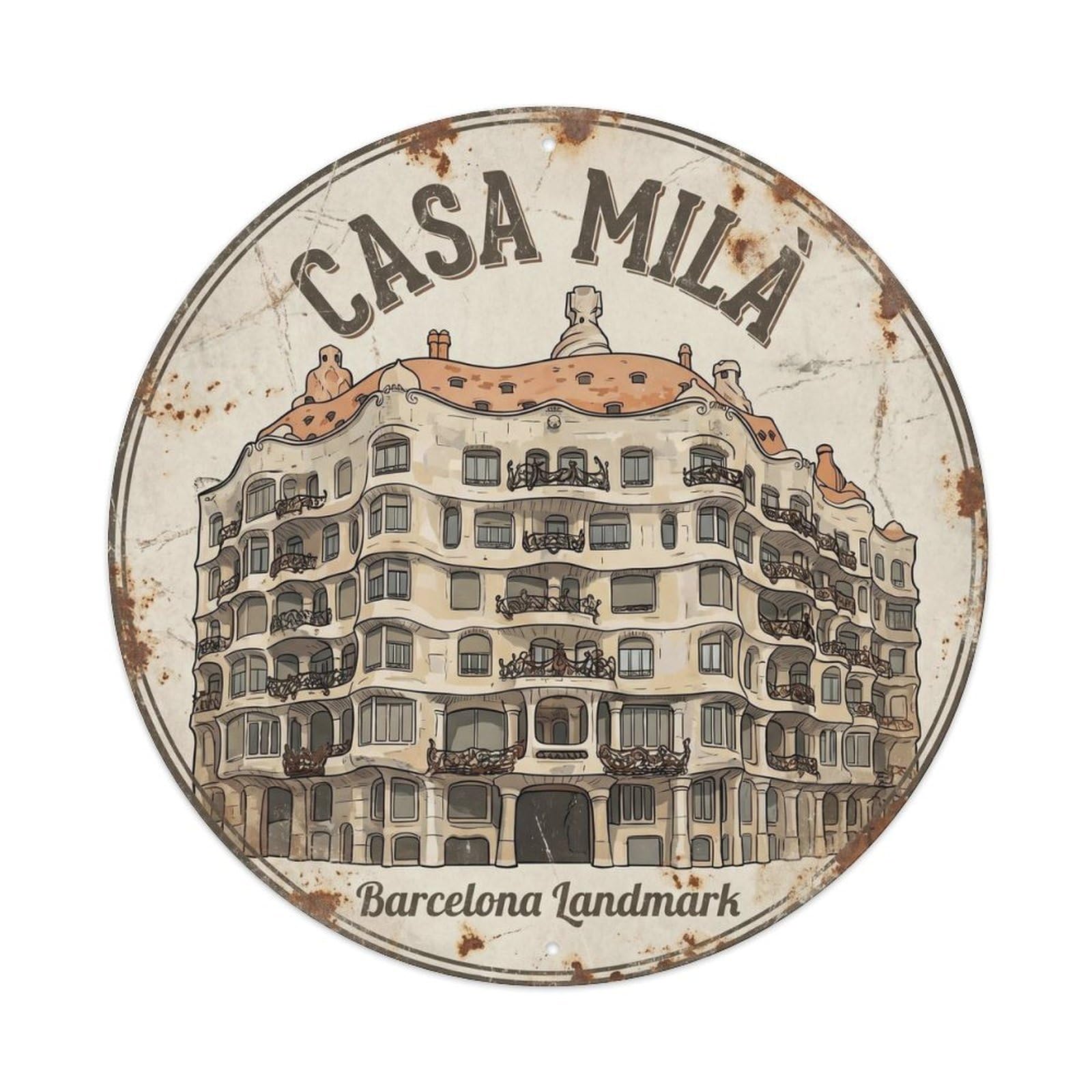 Barcelona Modernist Landmark Vintage Spain City Architecture Metal Tin Sign Plaque Wall Decor for Cafe, Man Cave, Club Bar, Office, Home Garden Round Metal Poster 8x8Inch