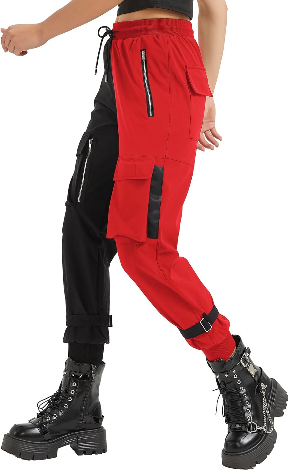 MEINVQIAOTI Black Cargo Pants Women Loose Chained Multi-Pocket Multi-Zip Punk Goth Pants - Image 2