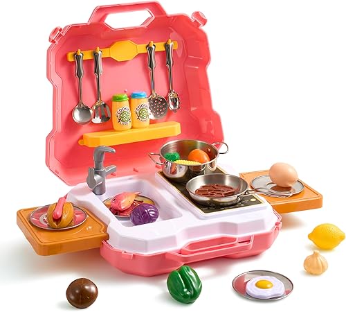 MINDNOOK Juego de accesorios de cocina, 35 piezas para fregadero de cocina, juguetes de cocina con utensilios, ollas y sartenes de acero inoxidable,