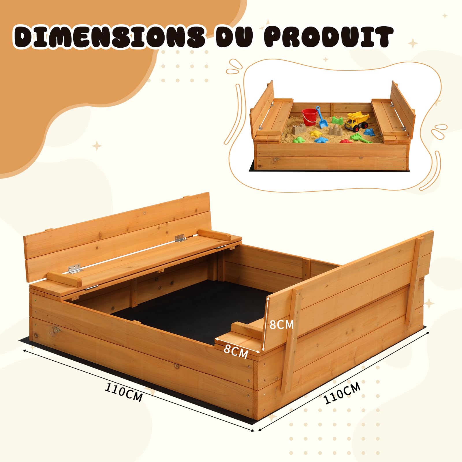 LEADZM Bac à Sable en Bois pour Enfants avec Banc et Couvercle, 110 x 110 x 21 cm, Grand Bac à Sable Extérieur pour Jardin, Plage, Parc, Cadeau pour Garçons et Filles de 3 à 12 Ans