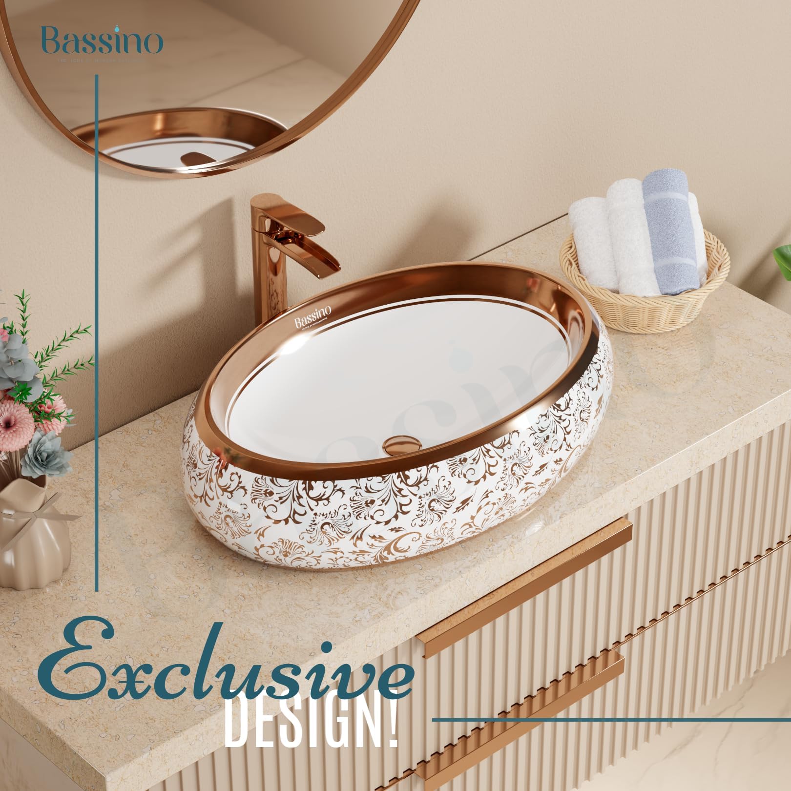 BASSINO Table Top Wash Basin - White & Rose Gold -9