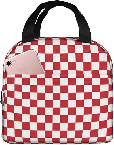 Bolsa de almuerzo reutilizable con bandera a cuadros rojos y blancos, lonchera aislada para estudiantes, trabajo, viajes al aire libre,