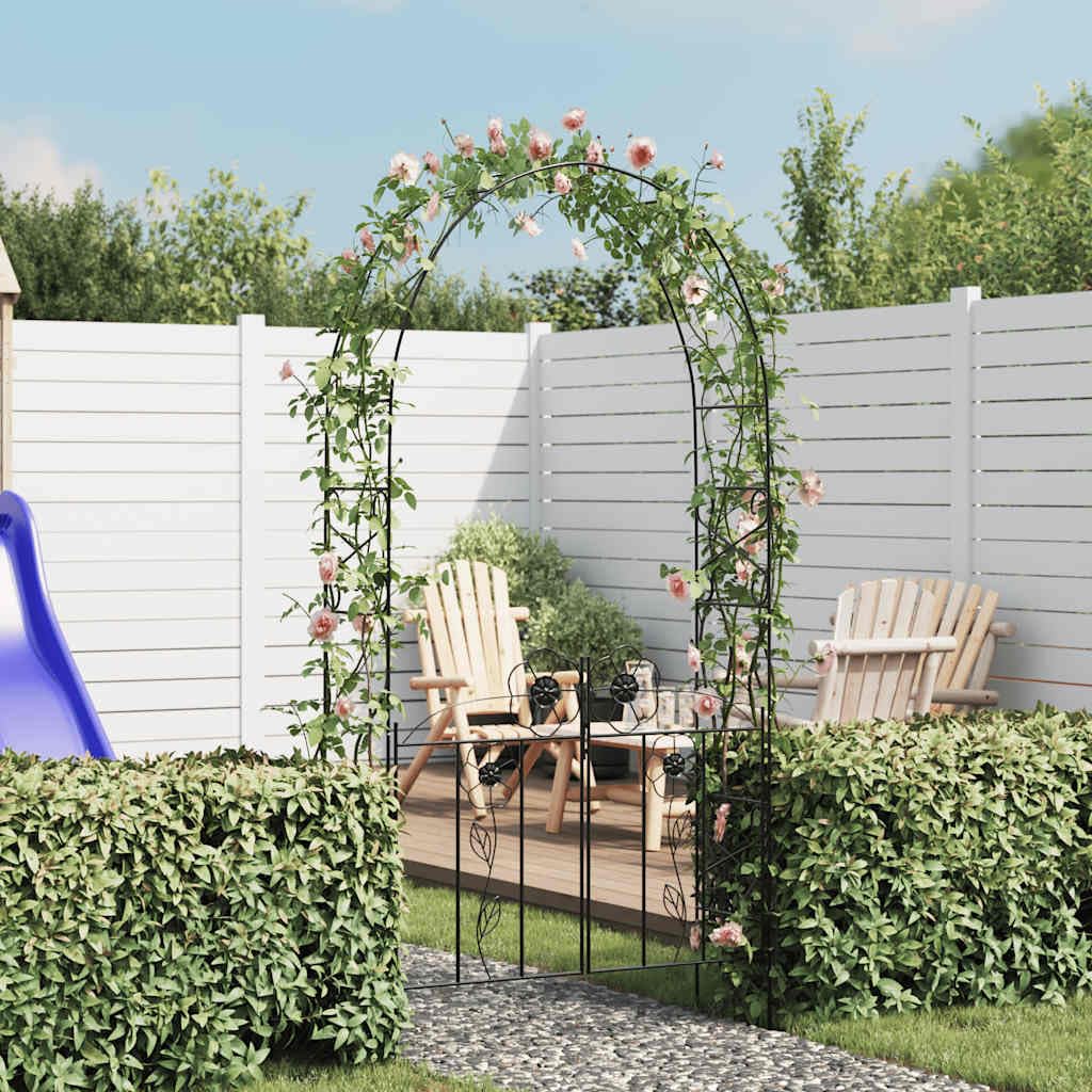 Arco de jardín con puerta de metal para rosas y plantas trepadoras, como enrejado de rosas