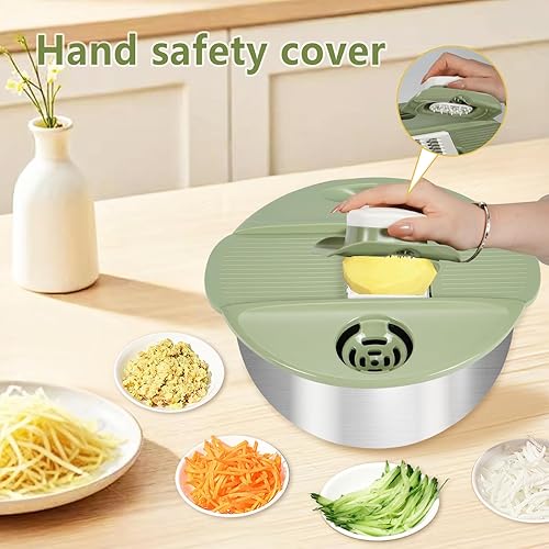 Miniatura 6 de Molinillo de ensalada de acero inoxidable grande con 5 cuchillas, cortador de lechuga, lavadora y secadora, cuenco para picar frutas y verduras,