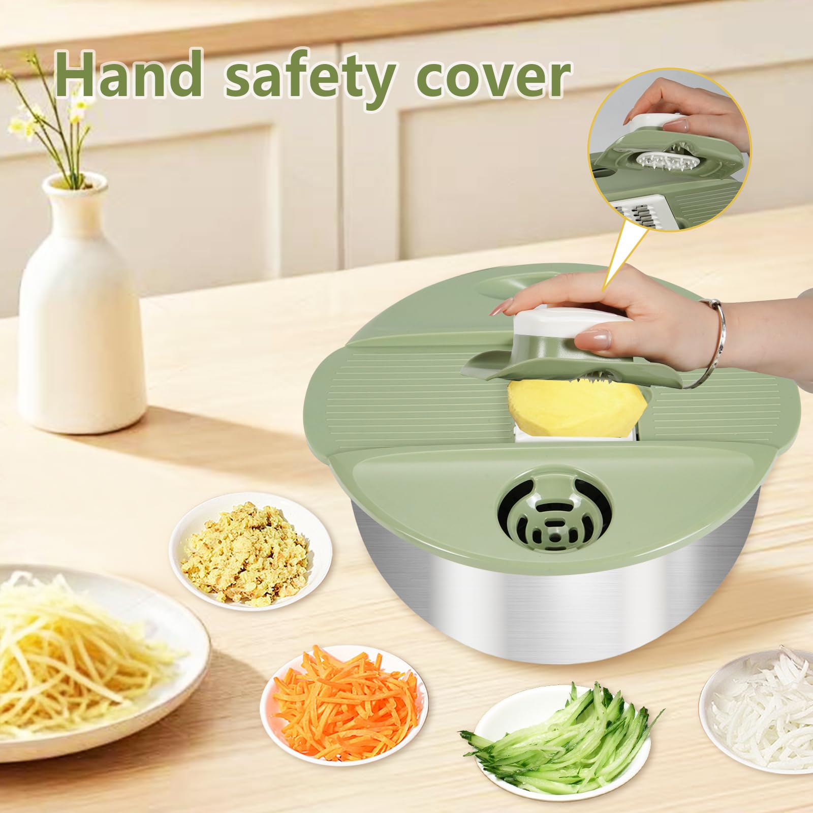 Centrifugador de ensalada de acero inoxidable con función de corte [5 accesorios diferentes] Centrifugador de ensalada por base antideslizante y accionamiento de manivela, separador de yemas, cuenco