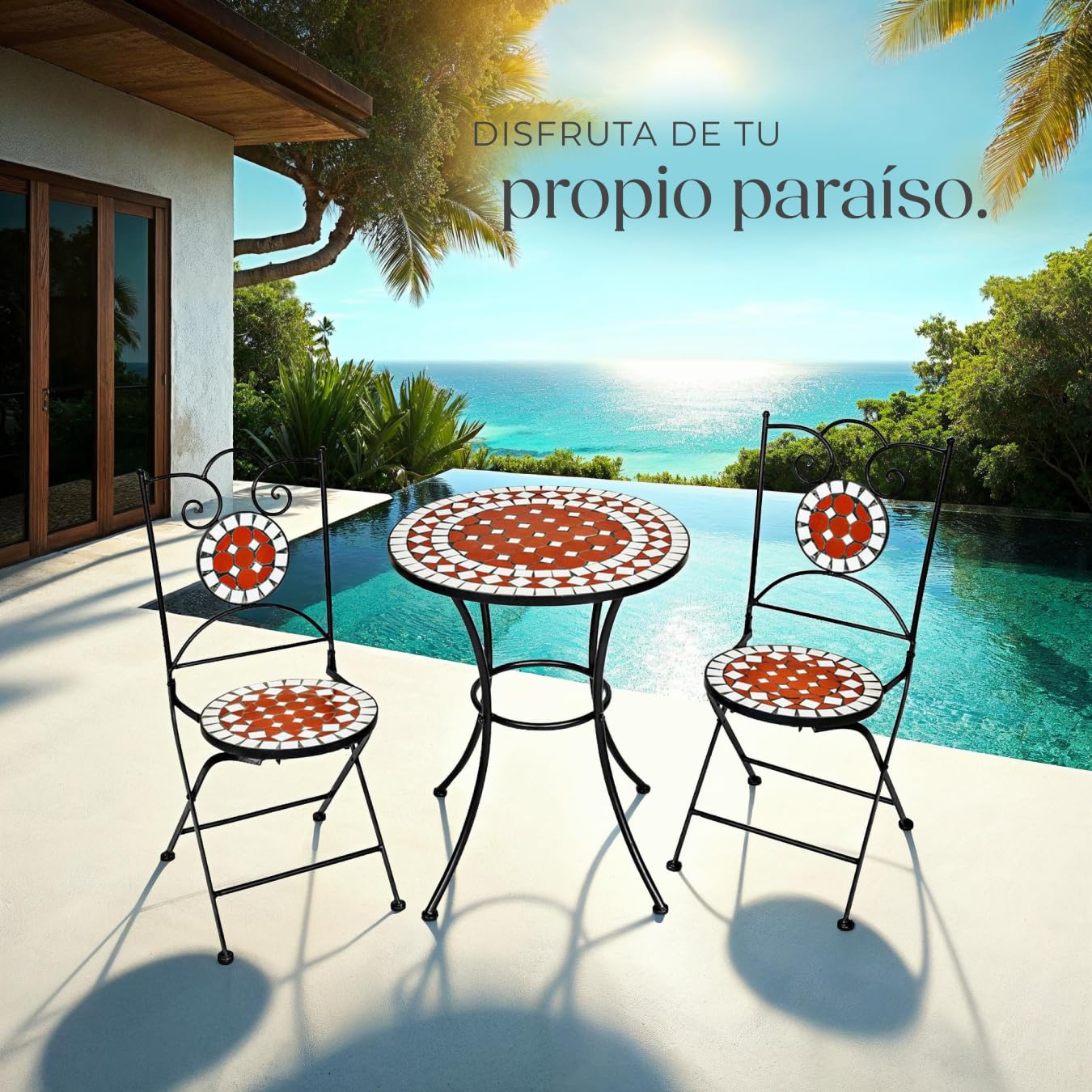 tectake® Conjunto Muebles Jardín Exterior de Metal y Cerámica, 1 Mesa y 2 Sillas Plegables, Muebles Terraza Impermeables y Resistentes a Intemperie, Gran Capacidad de Carga, Fácil Limpieza - marrón