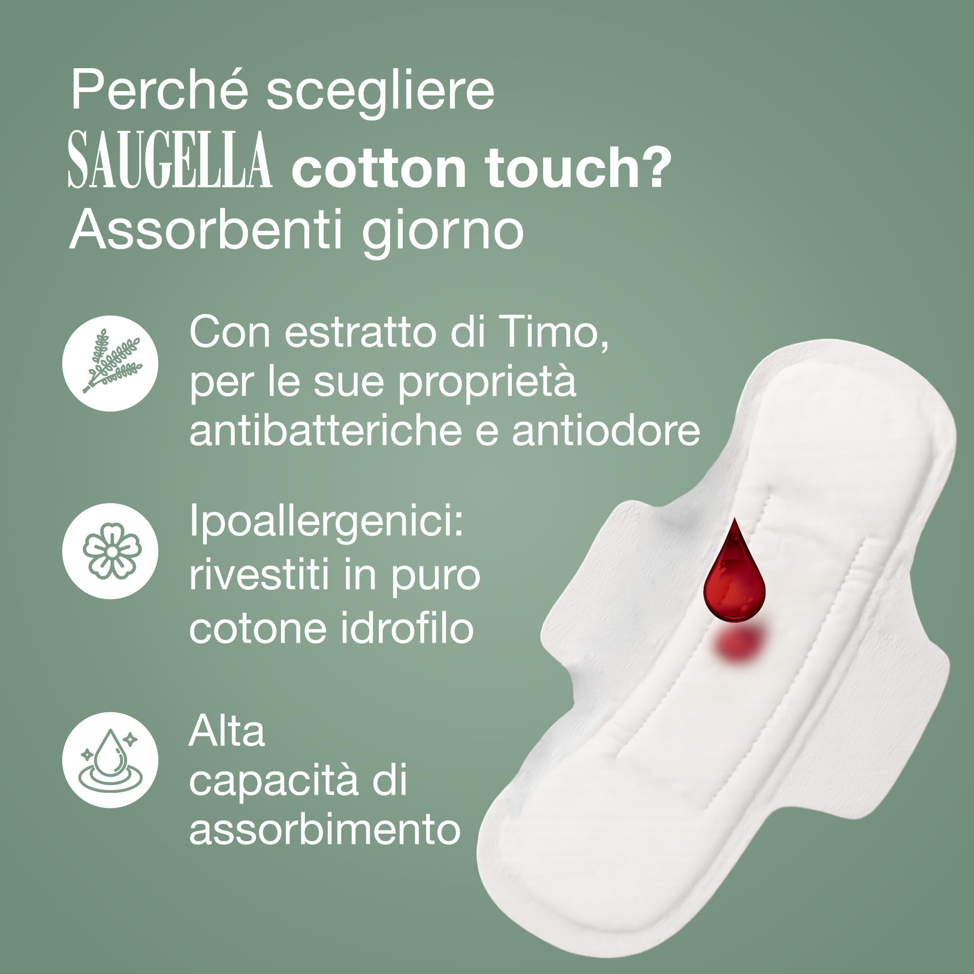 Saugella Assorbenti Cotton Touch Giorno, 56 Assorbenti Cotone Giorno con Ali, Azione Antibatterica, Antiodore e Lenitiva