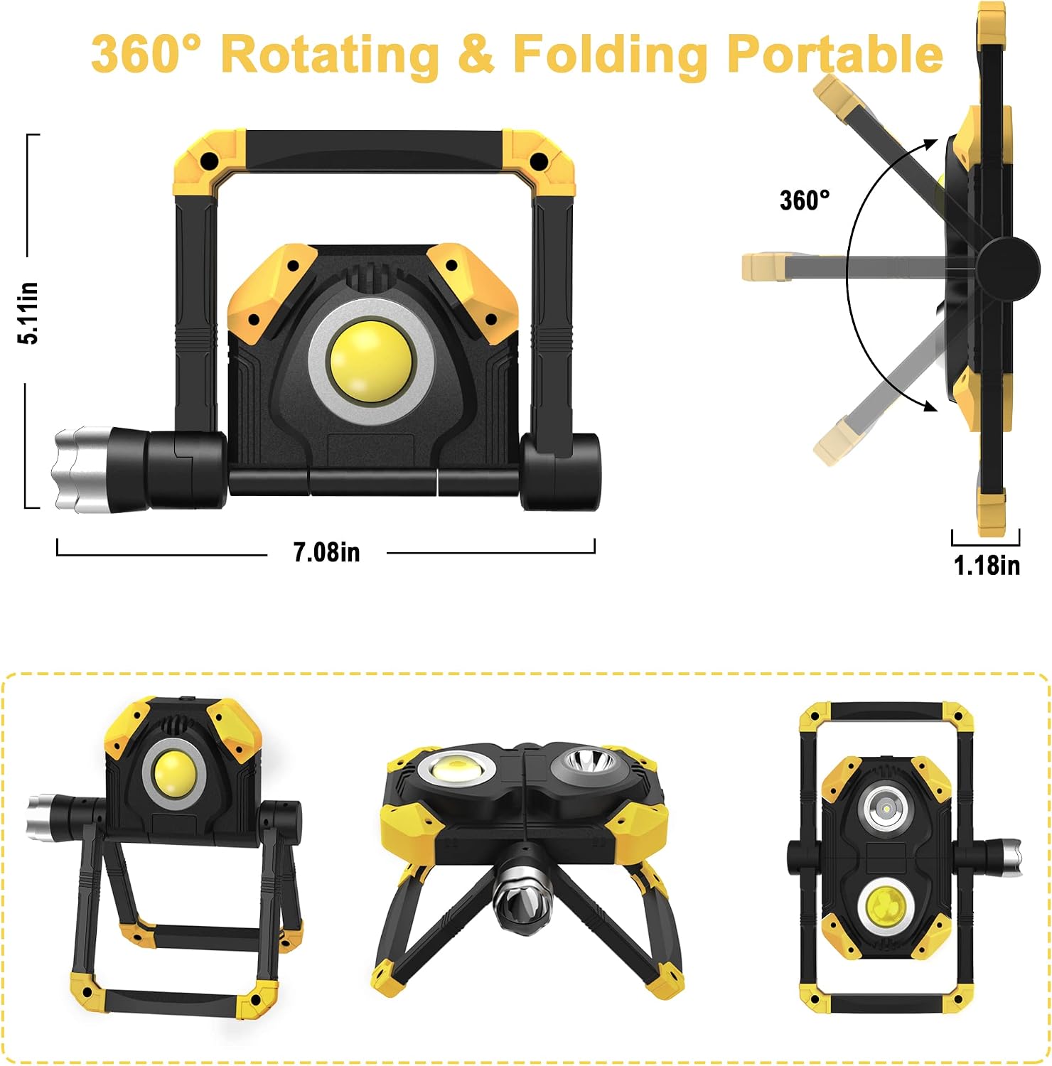 Magnetic Base 6000 Lumen Work Light, 10 Hours Long Lasting 360°Rotating 7000K Warm Rechargeable Work Light, Folding Waterproof Led Work Light for Flood Light Job Site Car Inspection Camping Emergency
