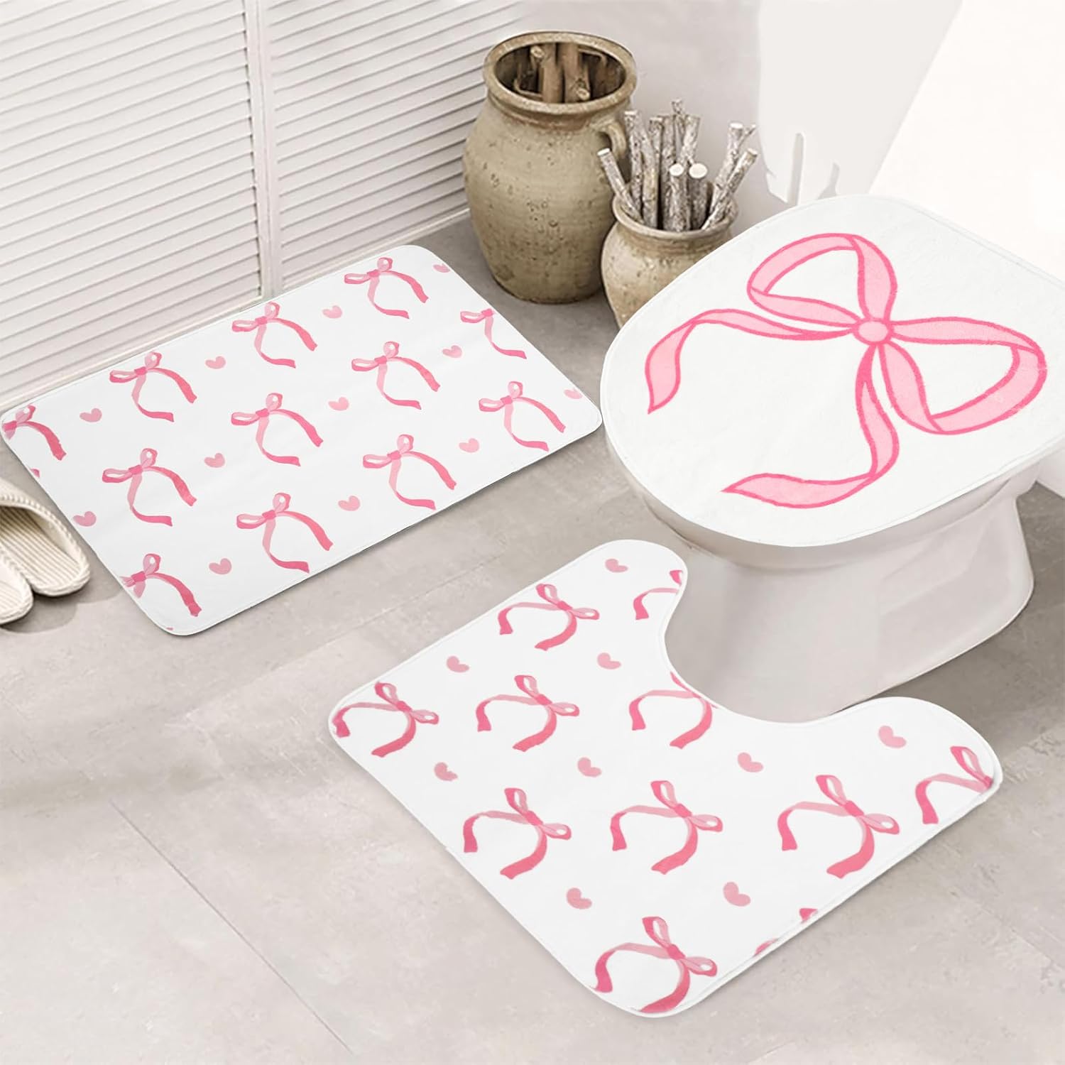 JarThenaAMCS 3Pcs Pink Bow Bathroom Mat Set Includes Cute Tufted U-Shaped Contour Toilet Rug Bathmat and Toilet Lid Cover for Luxury Bathroom Decoration