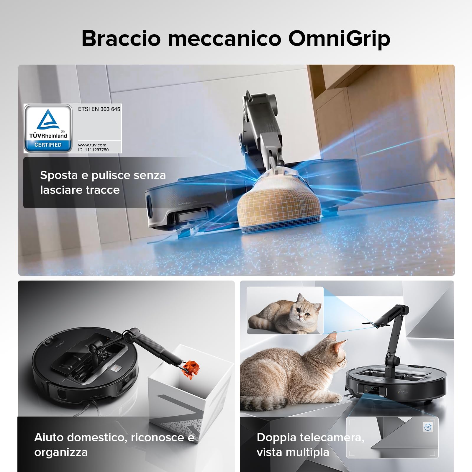roborock Saros Z70 Robot Aspirapolvere con Braccio Meccanico OmniGrip, 7,98 cm Ultrasottile, 22.000 Pa, Tecnologia FlexiArm Riser, Telaio AdaptiLift, Stazione Multifunzionale 4.0, Hello Rocky, Nero
