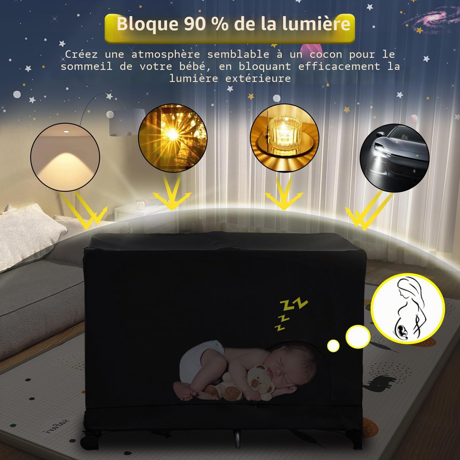 South to East Housse occultante pour 60 x 120 cm lit Parapluie, Housse de Berceau de Voyage avec Sac de Transport, Breathable and Stretchy, Bloque 90% de la lumière pour Le Sommeil de bébé