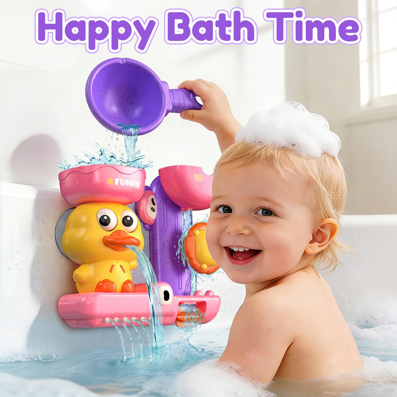 Juguetes de baño rosa para niños pequeños de 1 a 3: juguetes para niños para niñas de 1 2 3 4 años, lindo juguete de baño de pato para niños de 3 a 5 años, juguetes de baño de bebé de 6 a 12 meses