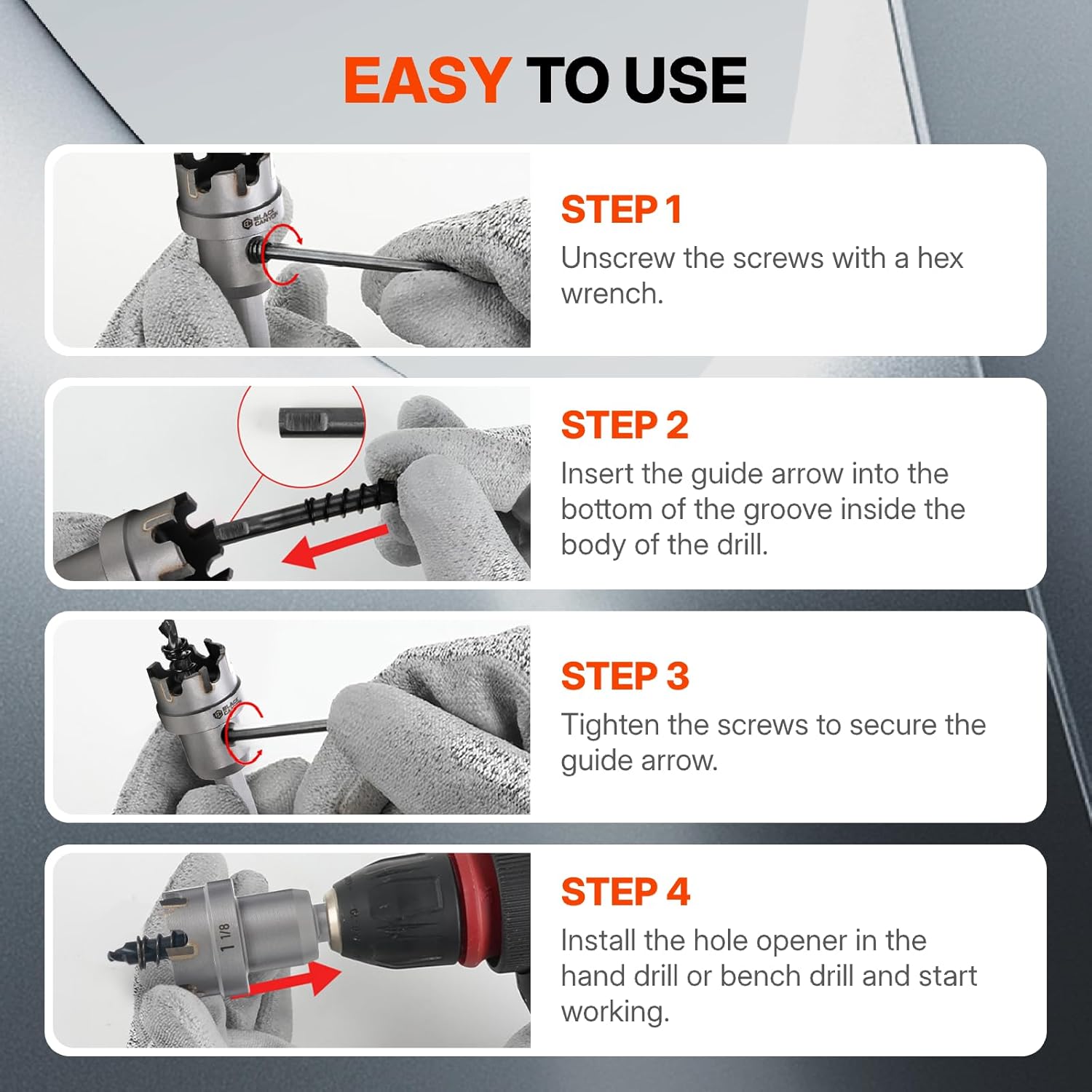 BLACK CANYON 5 Pcs Carbide Hole Saw Kit, Heavy Duty Hole Saw kit, Includes 7/8" / 1-1/8"/ 1-3/8"Carbide Hole Cutters and Pilot Bits & Hex Hey, for Stainless Steel/Iron/Aluminum/Metal