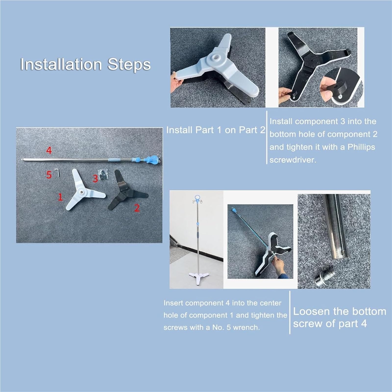 Soporte rodante for portasueros de acero inoxidable resistente portabotellas | Soporte for bolsa intravenosa de 4 puntas y altura ajustable 5 ruedas giratorias