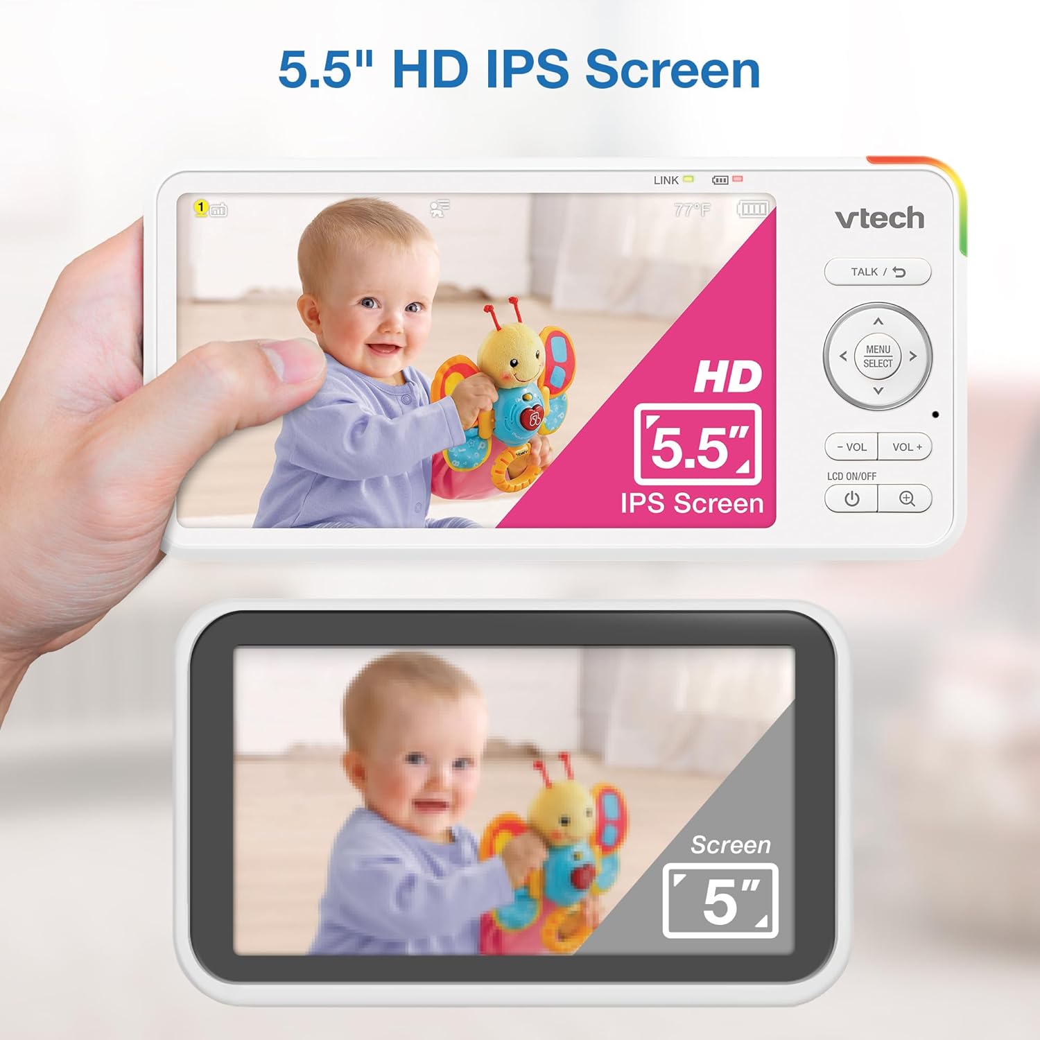 Comparison of the VTech 5.5 inch HD IPS screen displaying a baby with a toy versus a smaller, standard 5 inch screen. The VTech screen shows superior clarity and size.