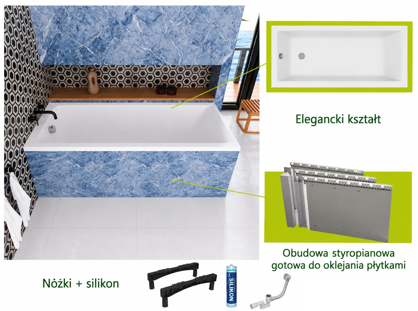 Wanna ECOLAM Savia 160x70 cm + wyściółka styropianowa pod płytki | Nowoczesna wanna prostokątna, najwyższej jakości wanna akrylowa | Kompletny zestaw z odpływem, nóżkami i silikonową obudową