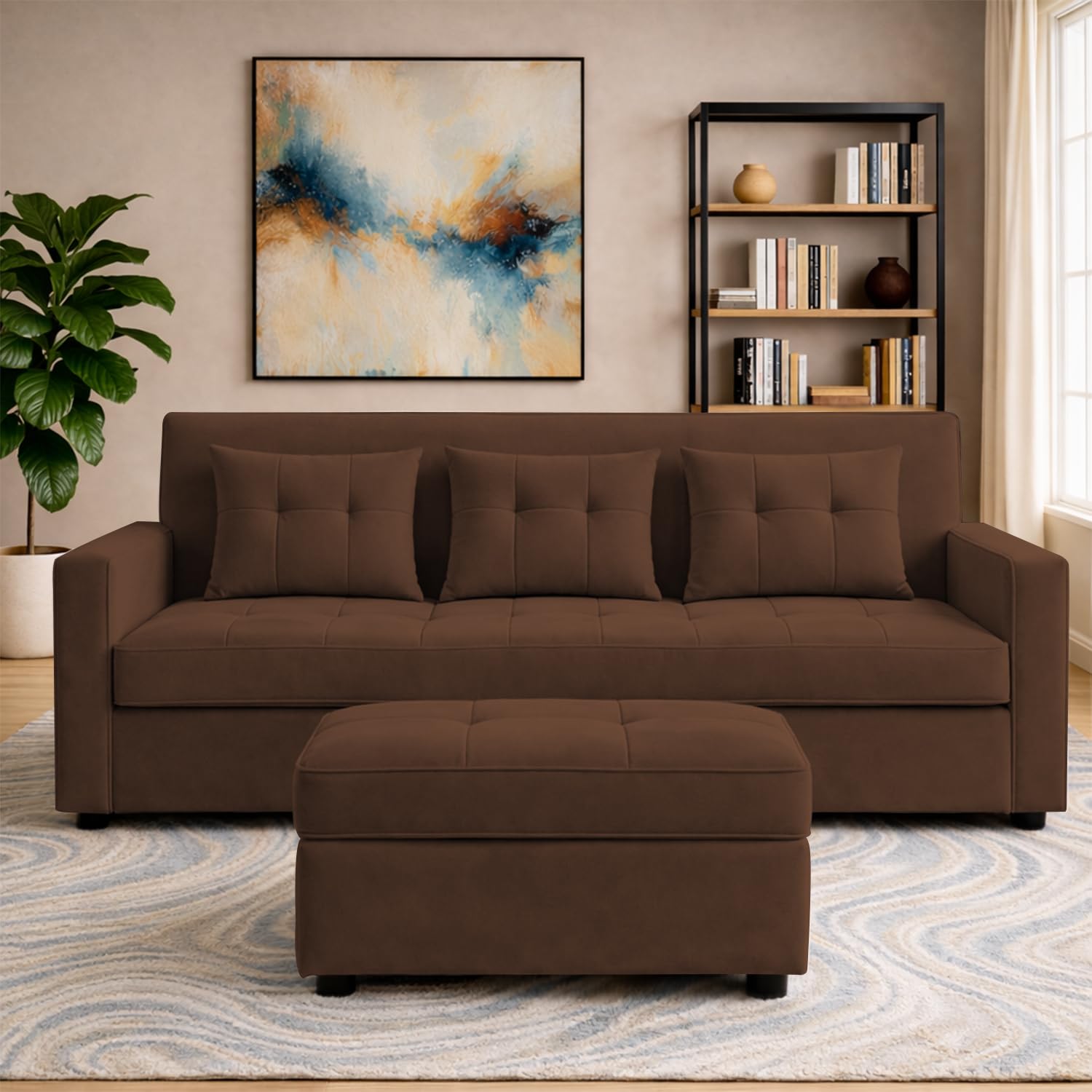 COMFORTAURA Treshta 3 Seater with Ottomon Pull-Out Sofa Cum Bed (Brown Color) Premium Fabric Sofa Set for Living Room | Bedroom-image-44