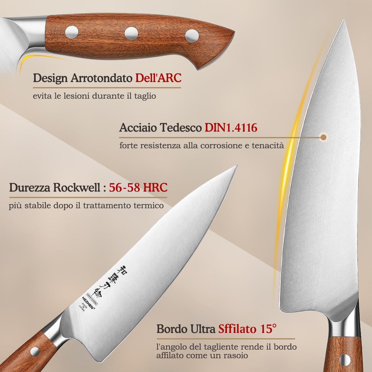 Coltelli da Chef HEZHEN 21cm Acciaio German DIN1.4116 Full Tang Manico Redwood