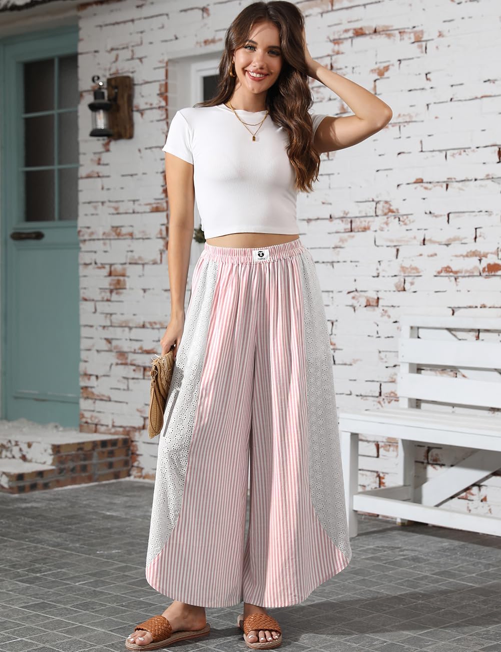 TARSE Womens Wide Leg Striped Boho Palazzo Pants with Lace Panel Summer Loose Elastic Waist Beach Vacation Lounge Pants - Image 3