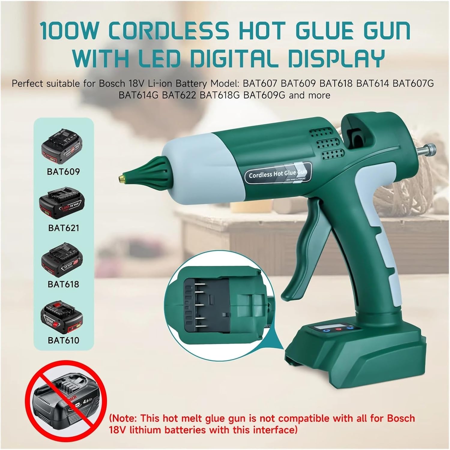 Hot Glue Gun 100W Cordless Hot Melt Glue Gun with 10 Glue Sticks Repair DIY Tool Set Power Tool Glue Gun for 18-20V Li-ion Battery for DIY Arts, Crafts and Quick Repairs