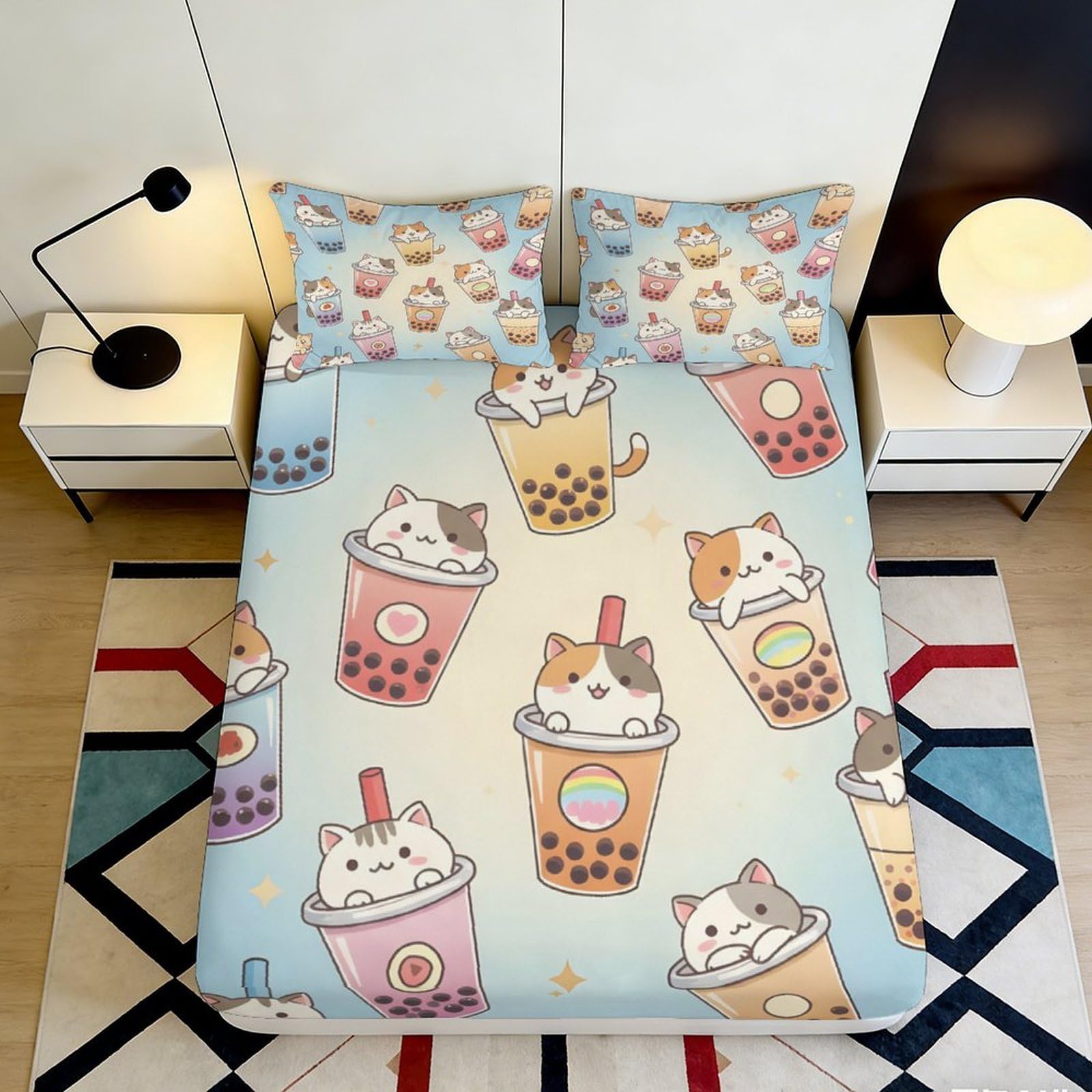 3D Printed Bubble Tea Cat Fitted Sheet Microfiber Soft Cartoon Drink Bed Cover for Bedroom Dorm Decor Easy Care 90x200x25cm