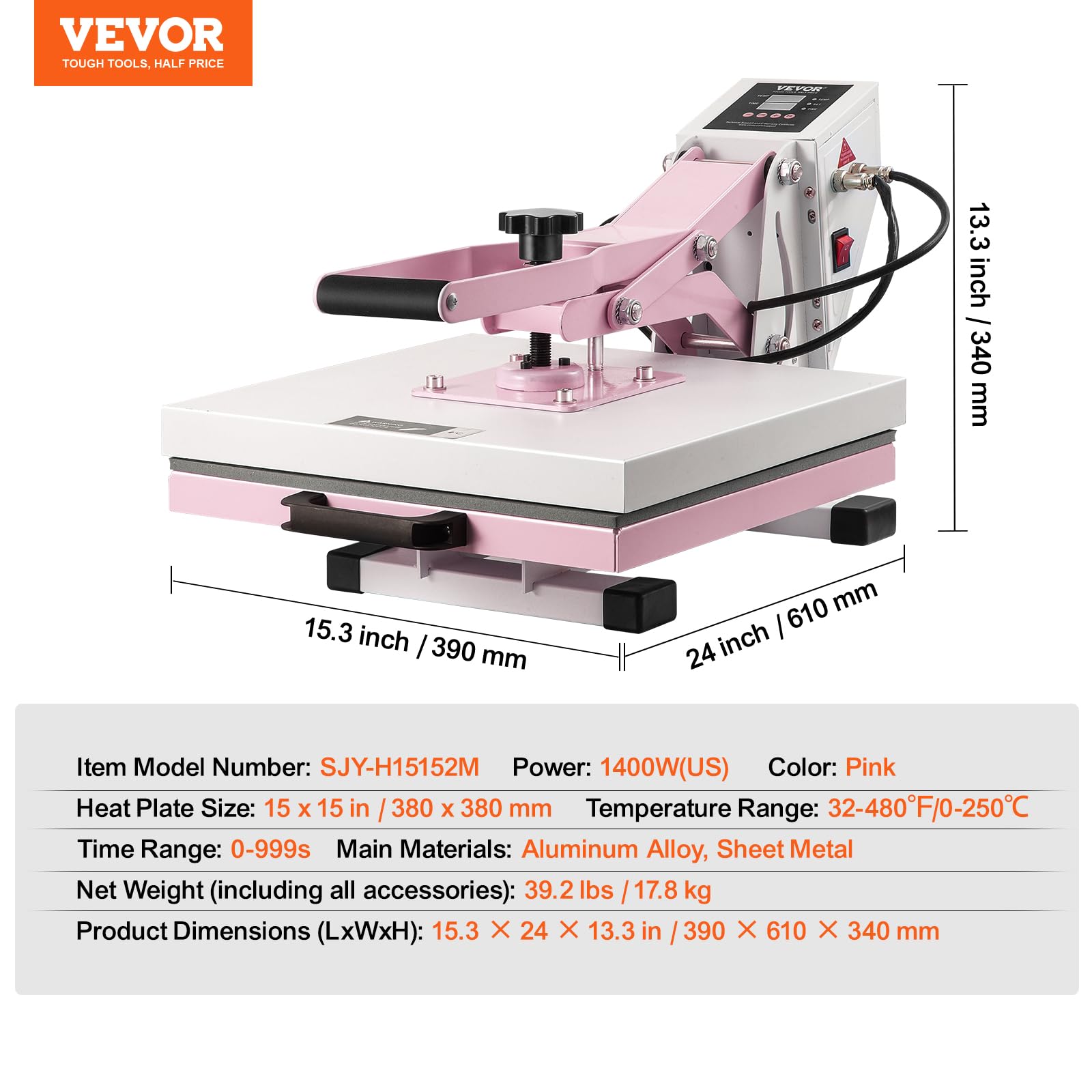 VEVOR Pressa a Caldo 380 x 380 mm Macchina per Pressatura a Caldo Digitale, Riscaldamento Rapido Uniforme, Cotone Isolante a 2 Strati, Macchina per Trasferimento Termico per Magliette/Cuscini, Rosa
