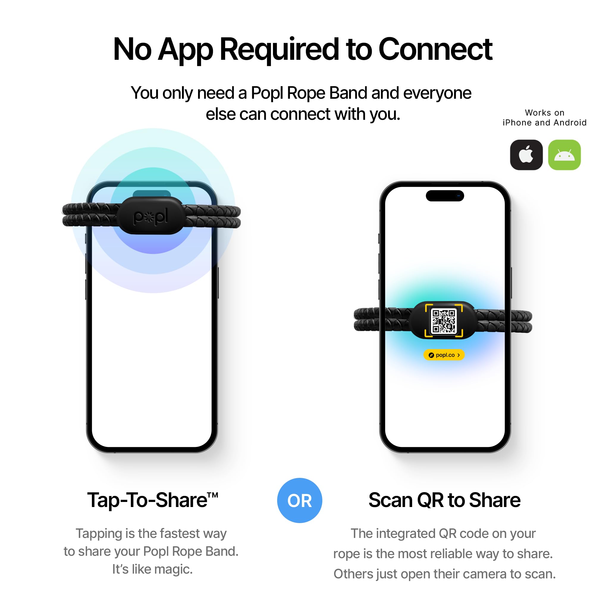 Popl Rope Band - Digital Business Card Bracelet Wearable - Tap to Share NFC & QR Code - iPhone & Android (Black Rope Style)