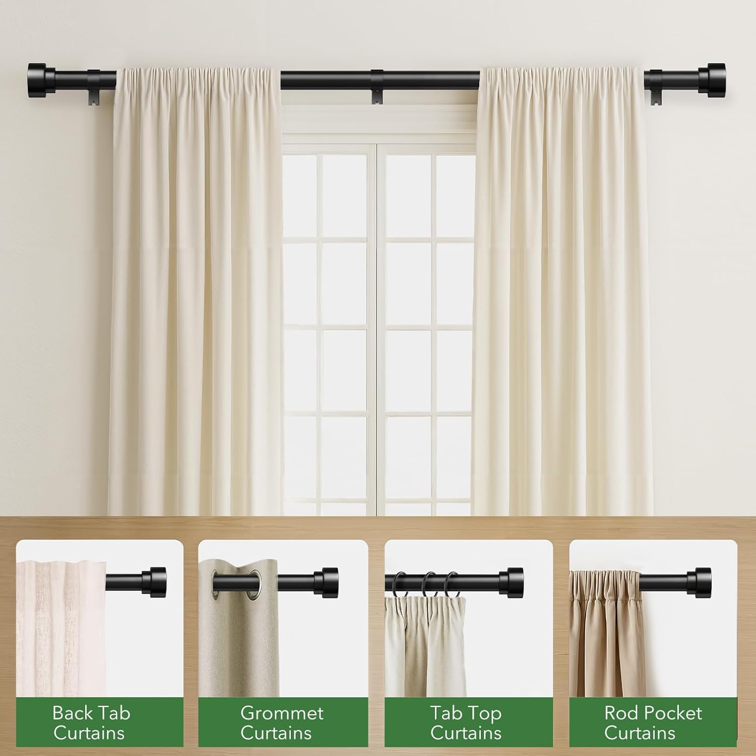 Time Forest Curtain Rods for Windows 32 to 170, 1 Inch Adjustable Black Heavy Duty Long Window Outdoor Curtain Rod for Patio, Modern Drapery Rods with Simple End Caps, Size 32-170