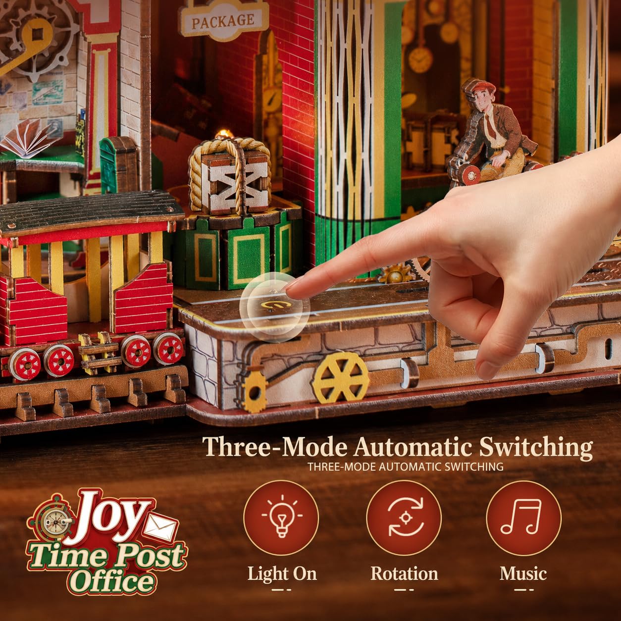 Spilay 3D Puzzle, Joy Time Post Office Holzmodell mit LED | Mechanischer Holz Modellbausatz für Erwachsene, mit Musiklautsprecher, Miniatur Bausatz, Schreibtischdeko Geschenk
