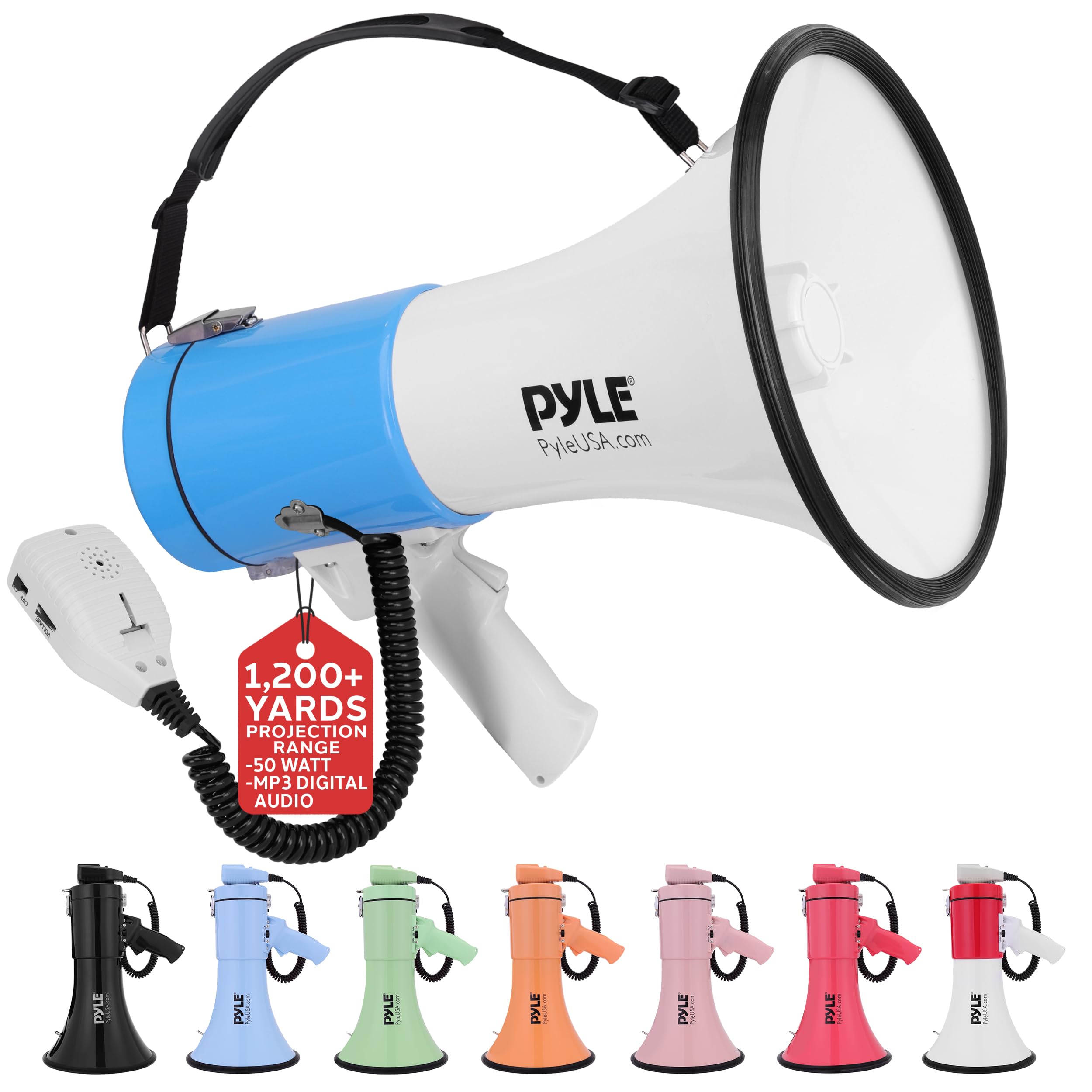 pyle 50w megaphone bullhorn - portable, automatic siren & adjustable volume, projection range up to 1200 square yards, aux input, talk, siren, music, whistle, & record, shoulder strap (black)