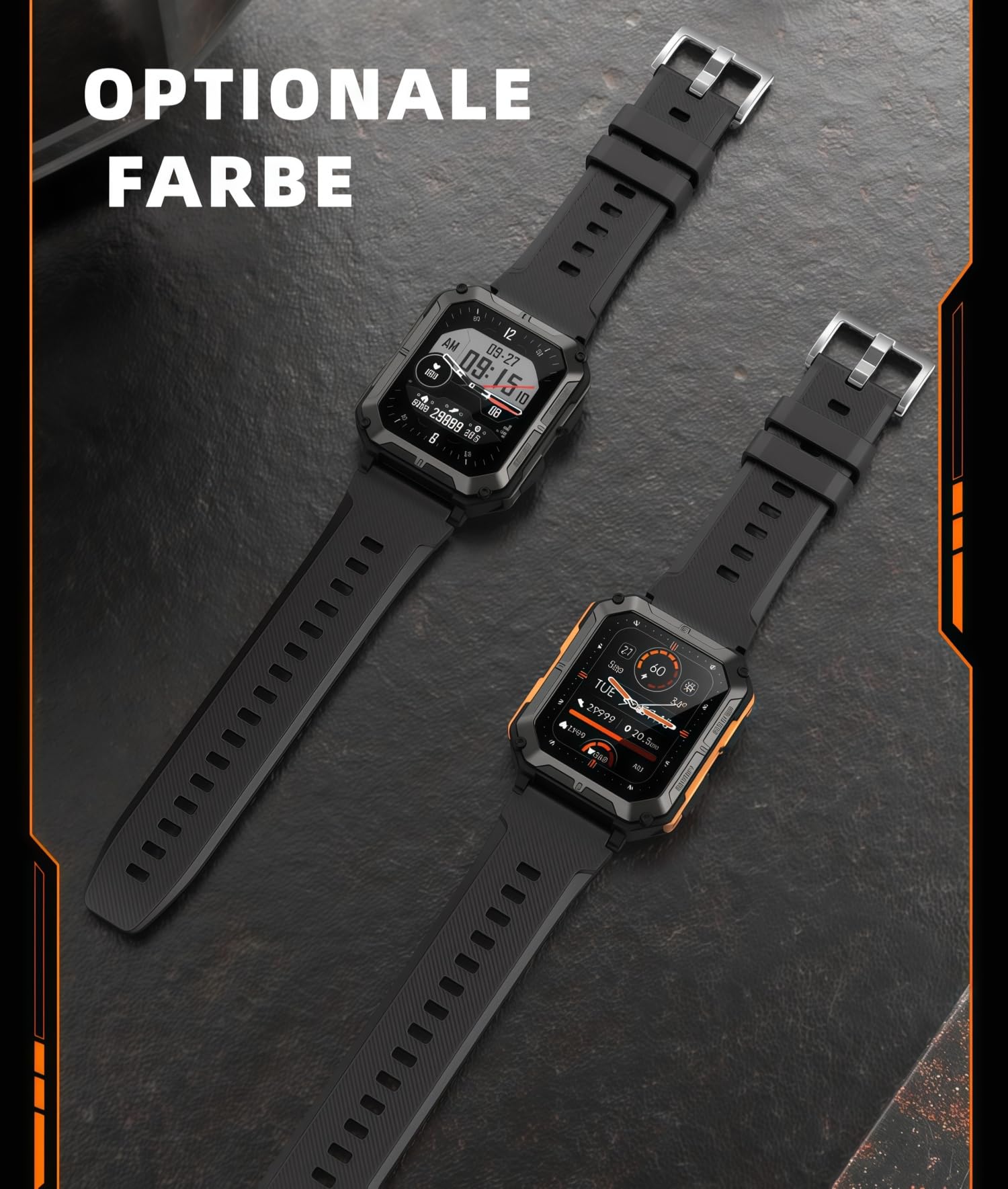 Thor Die Stabilste Smartwatch Originale smarte Sportuhr für Herren mit Telefonfunktion, Schrittzählung, Herzfrequenzüberwachung und Blutdruckmessung (orange Farbe)