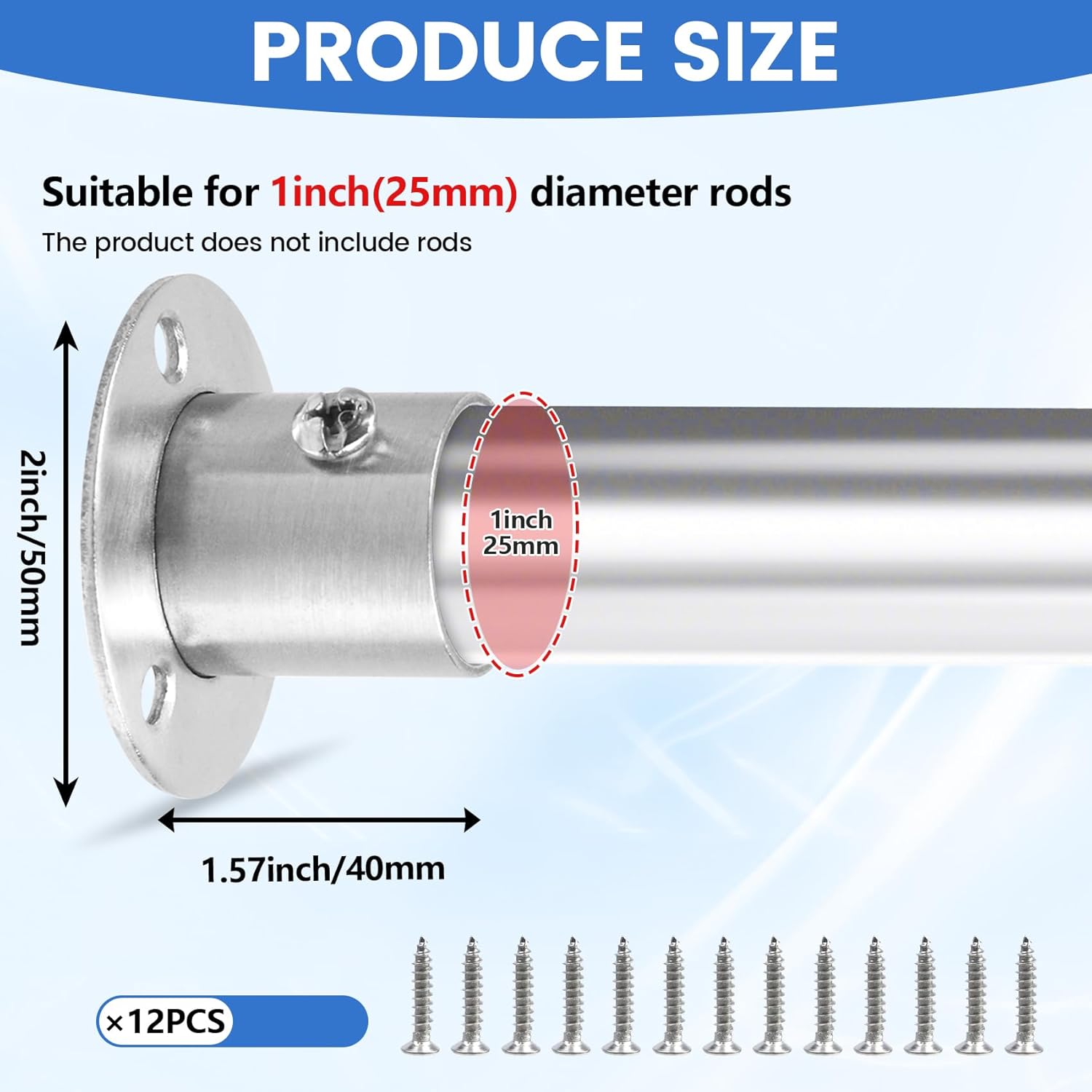 Geesatis 12PCS Total Height 1.57" Fit Diameter 1.0" Pipes High Flange Holder Rod Stainless Steel for Wardrobe Ceiling Mounting Bracket, with Screws