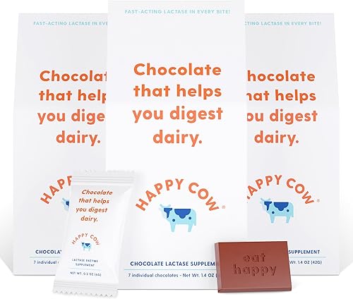 Happy Cow Chocolate, suplemento de lactasa de acción rápida, alivio de la intolerancia a los lácteos y a la lactosa, totalmente natural, fabricado