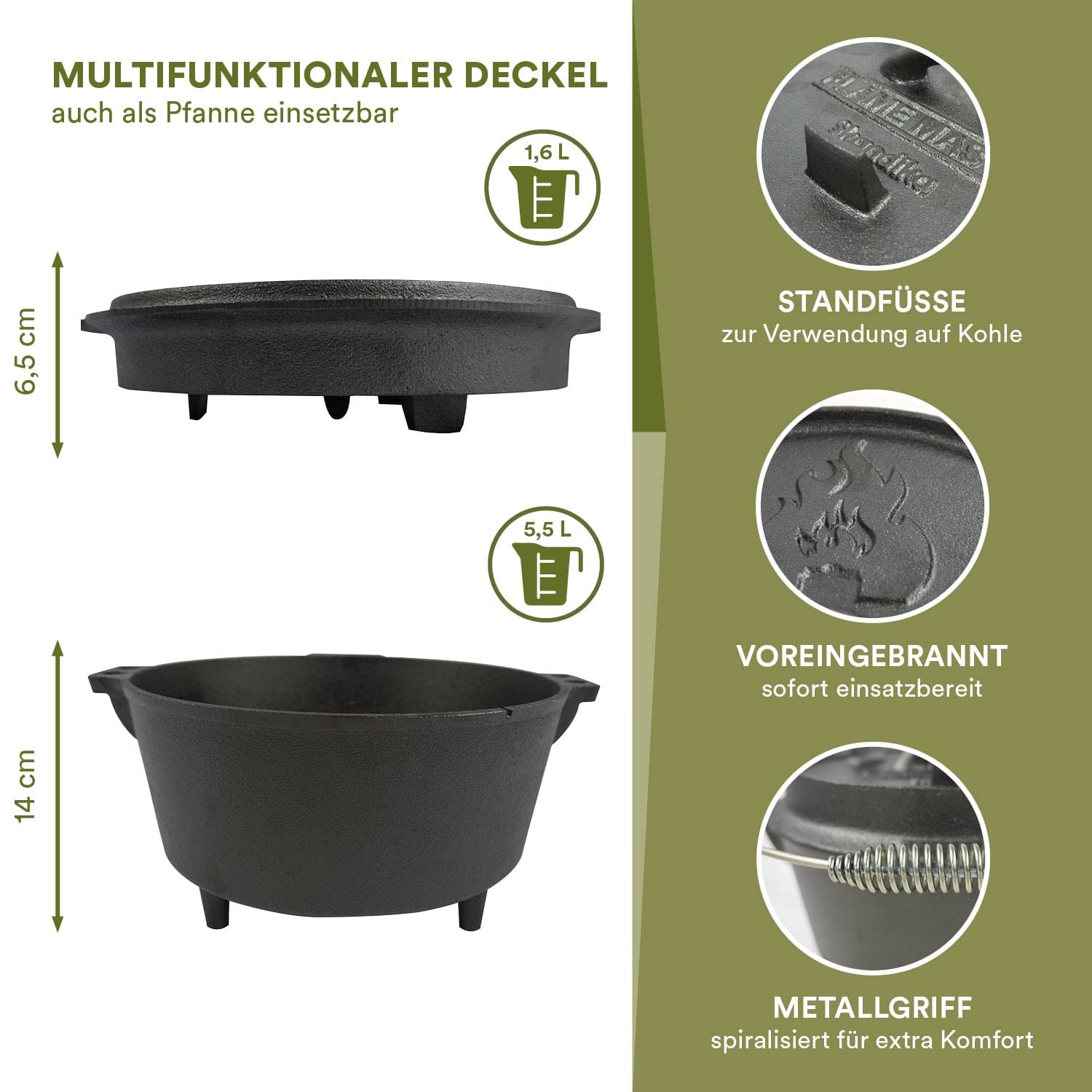 Skandika Dutch Oven Flame Master | pentola in ghisa per cucinare, già bruciata, con piedini, alzacoperchio, borsa per il trasporto, pentola da fuoco per barbecue, campeggio (7,1 L)