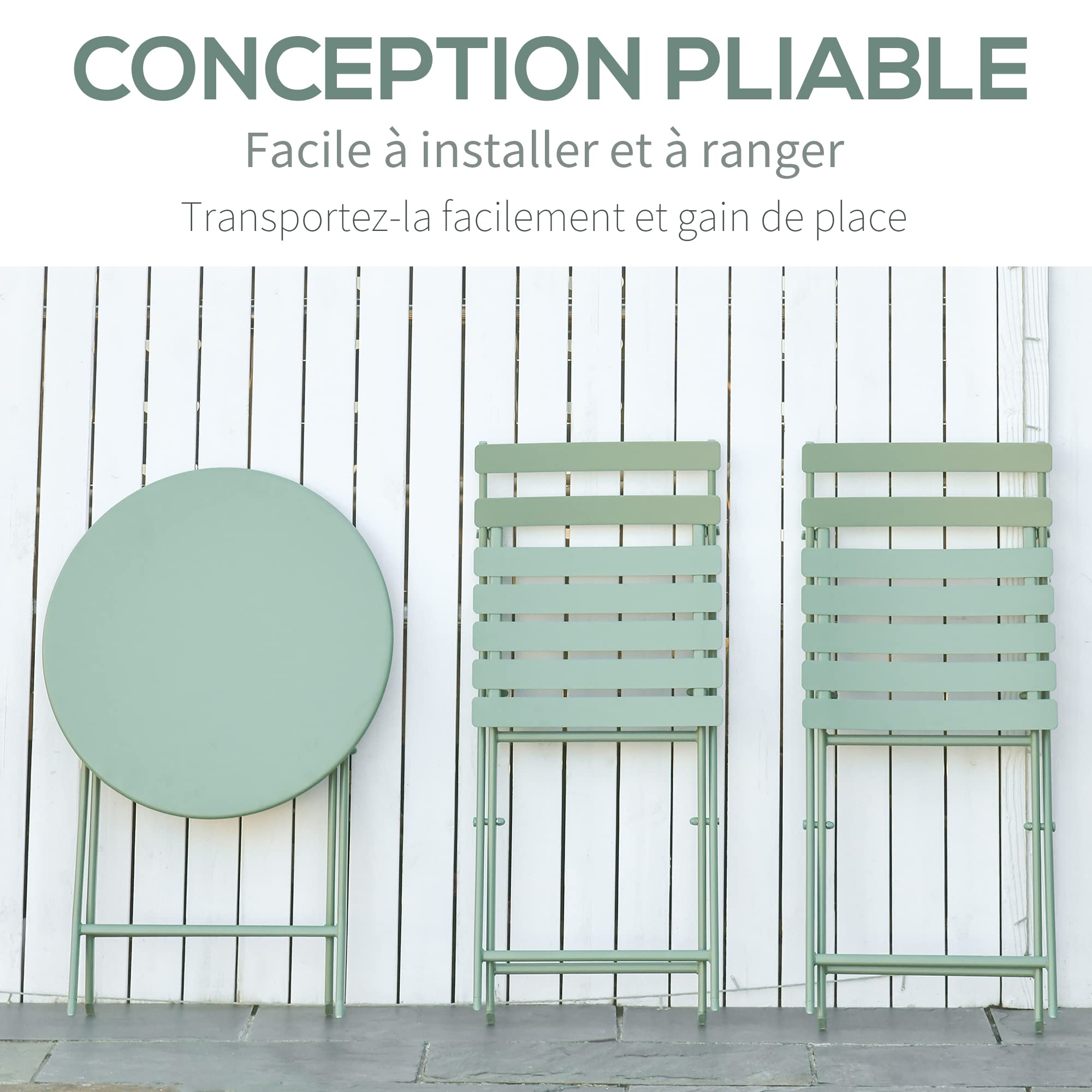 Outsunny Salon de Jardin 2 Personnes - Table Bistrot Pliable Ronde Ø 60 cm avec 2 Chaises Pliantes Métal Thermolaqué Vert