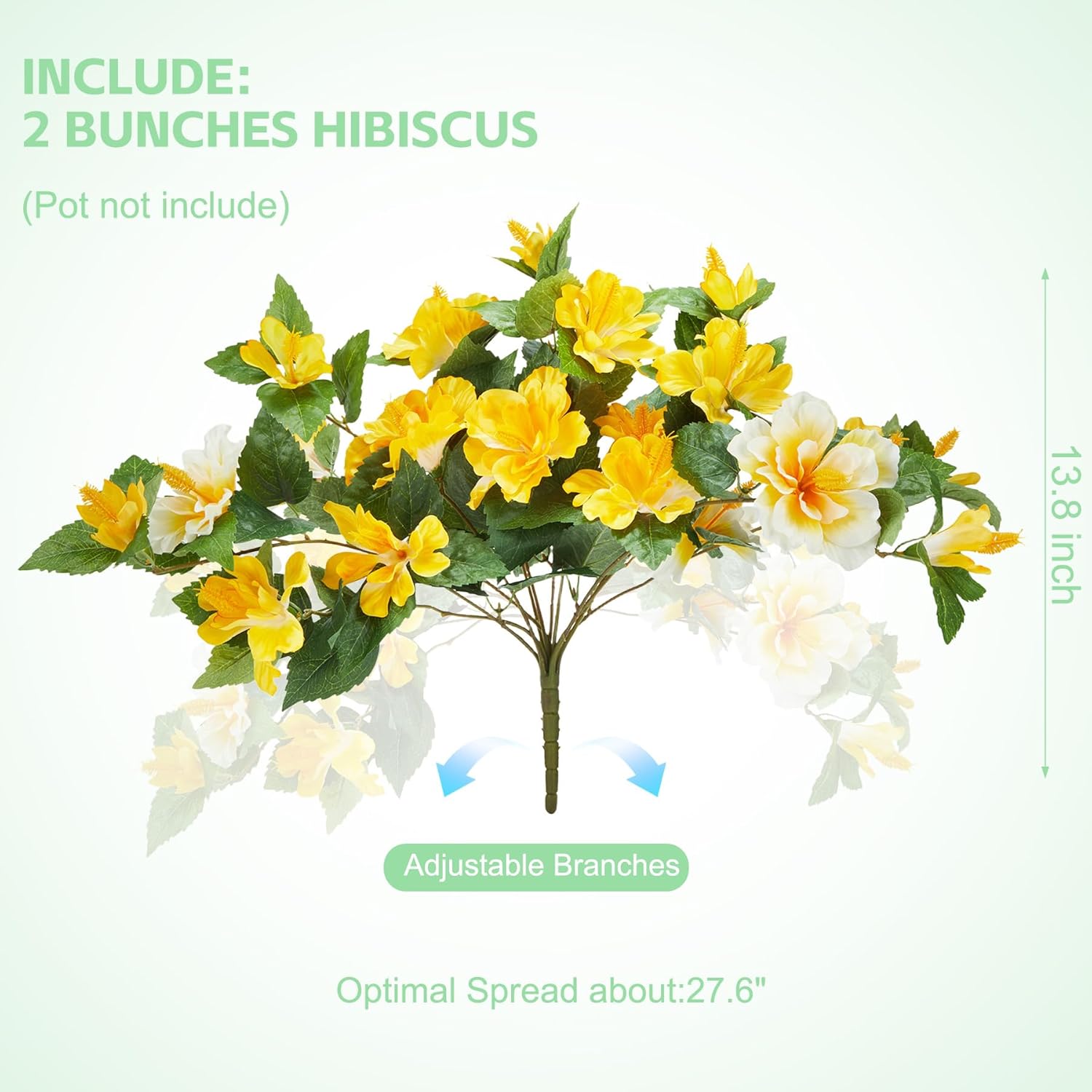 Artificial Flowers for Outdoors Indoors,2 Bunches Fake Hibiscus with Realistic UV Resistant Silk Flower Fabric Leaves,Faux Plants Outside for Home Patio Garden Yard Poch Decor(Yellow,White) - Image 2