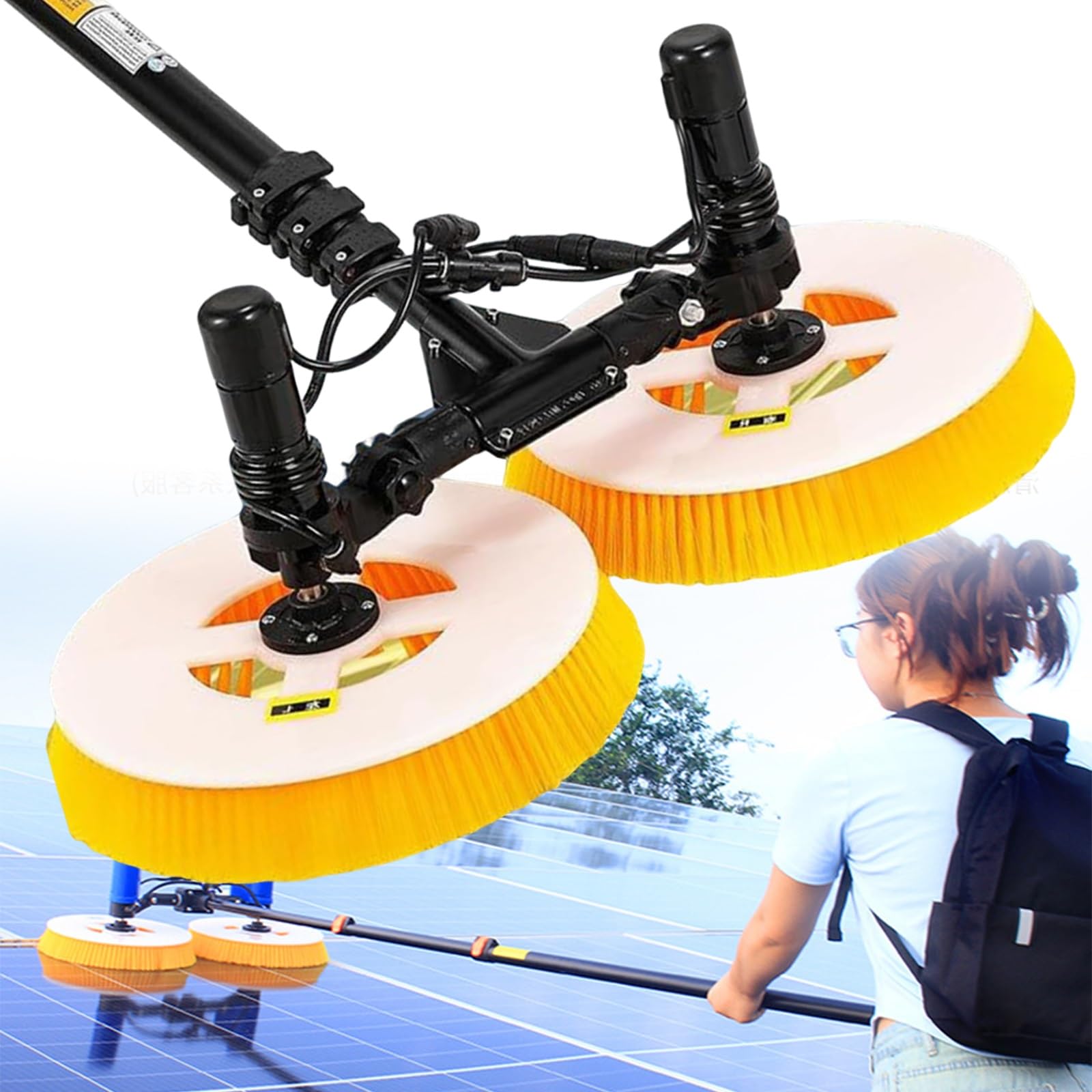 OLSKFUH Solar Panel Cleaning Machine, Double Head Brush For Photovoltaic Panel Cleaning, Fed Pole Kit For Roof Use, 7.5M Power Source,